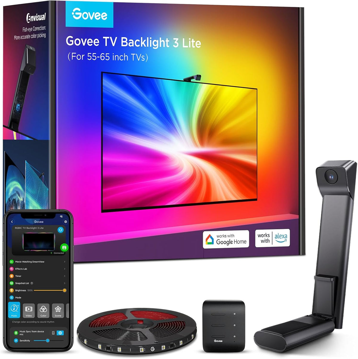 Govee TV Backlight 3 Lite with Fish-Eye Correction Function Sync to 55-65 Inch TVs, 11.8ft RGBICW Wi-Fi LED Strip Lights with Camera, 4 Colors in 1 Lamp Bead, Voice and APP Control, Adapter
