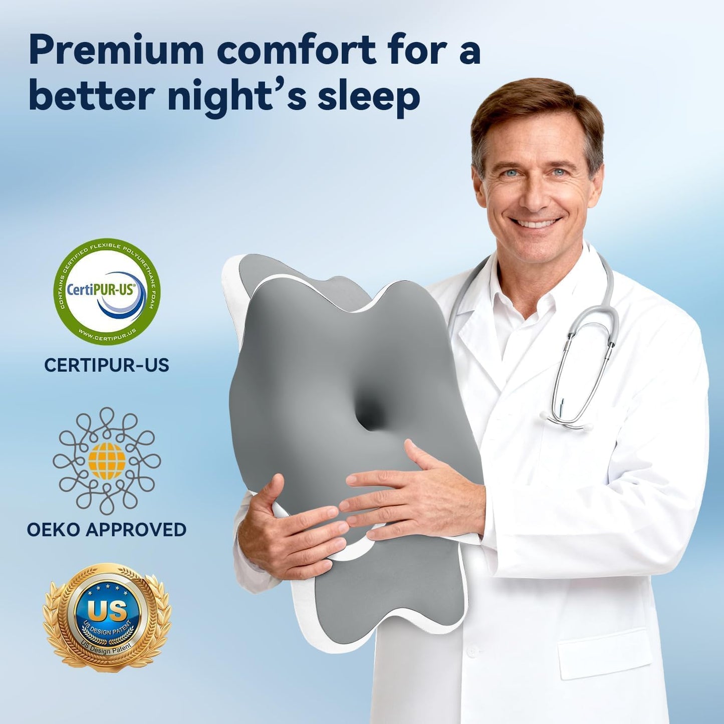Dreams Relief Pillow,Sleep Apnea Pillow w/Neck & Snoring Relief,Orthopedic & Ergonomic Contour Cervical Memory Foam Cooling Pillow for Side Sleepers,Medium Firm Support (Grey, Queen Size)