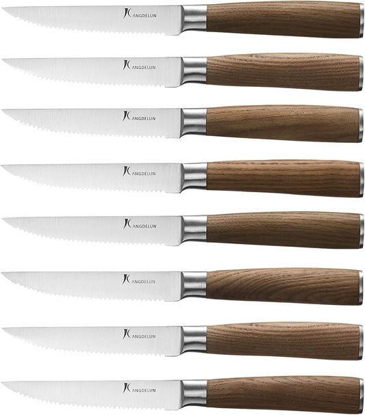 kangdelun Ultra Sharp 8-Piece Steak Knife Set, 4.5" Serrated Blades, 50Cr15MoV High-Carbon Stainless Steel, Torrefied Brown Ash Wood Handles, Magnetic Gift Box