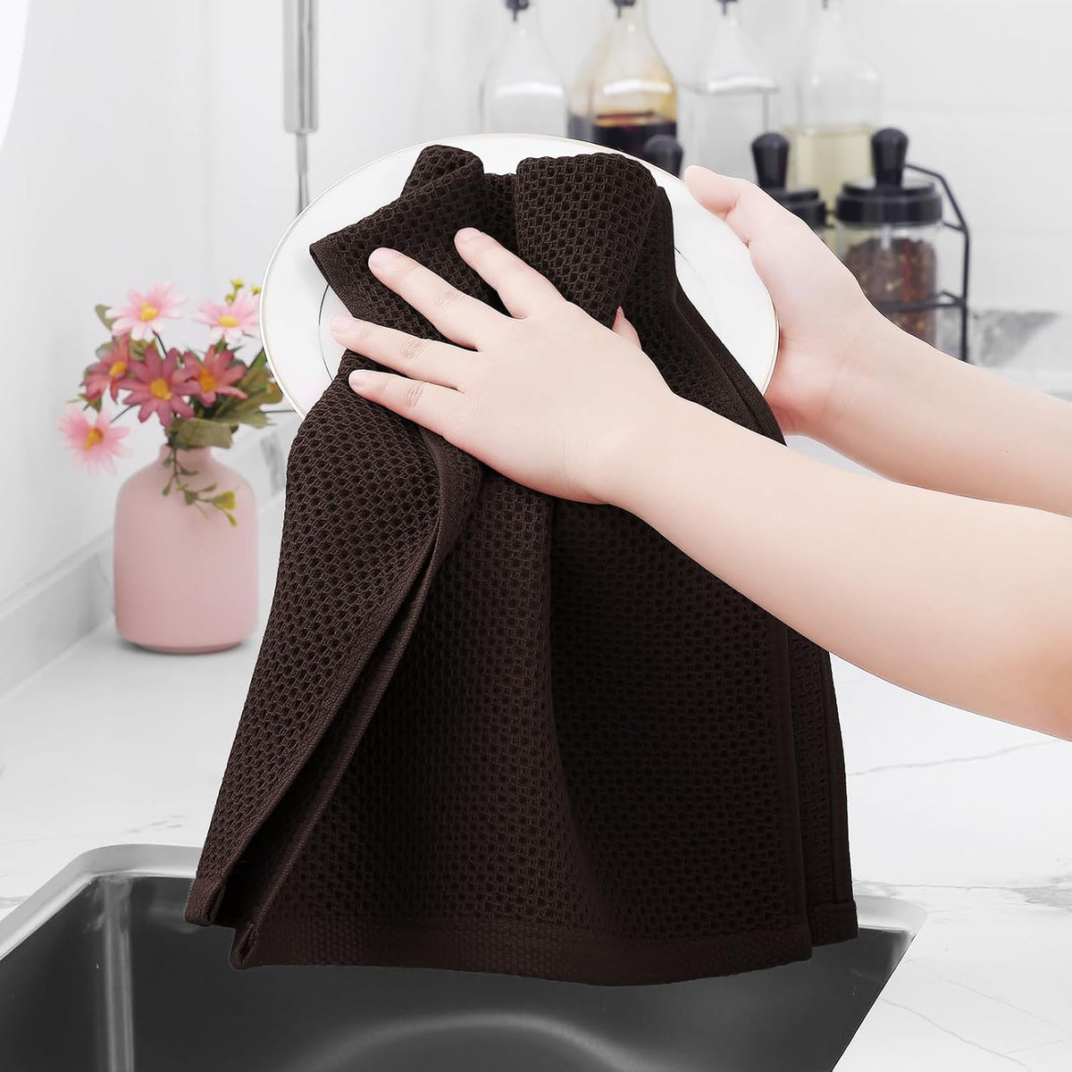Homaxy 100% Cotton Waffle Weave Kitchen Dish Towels 12-Pack, Dark Brown