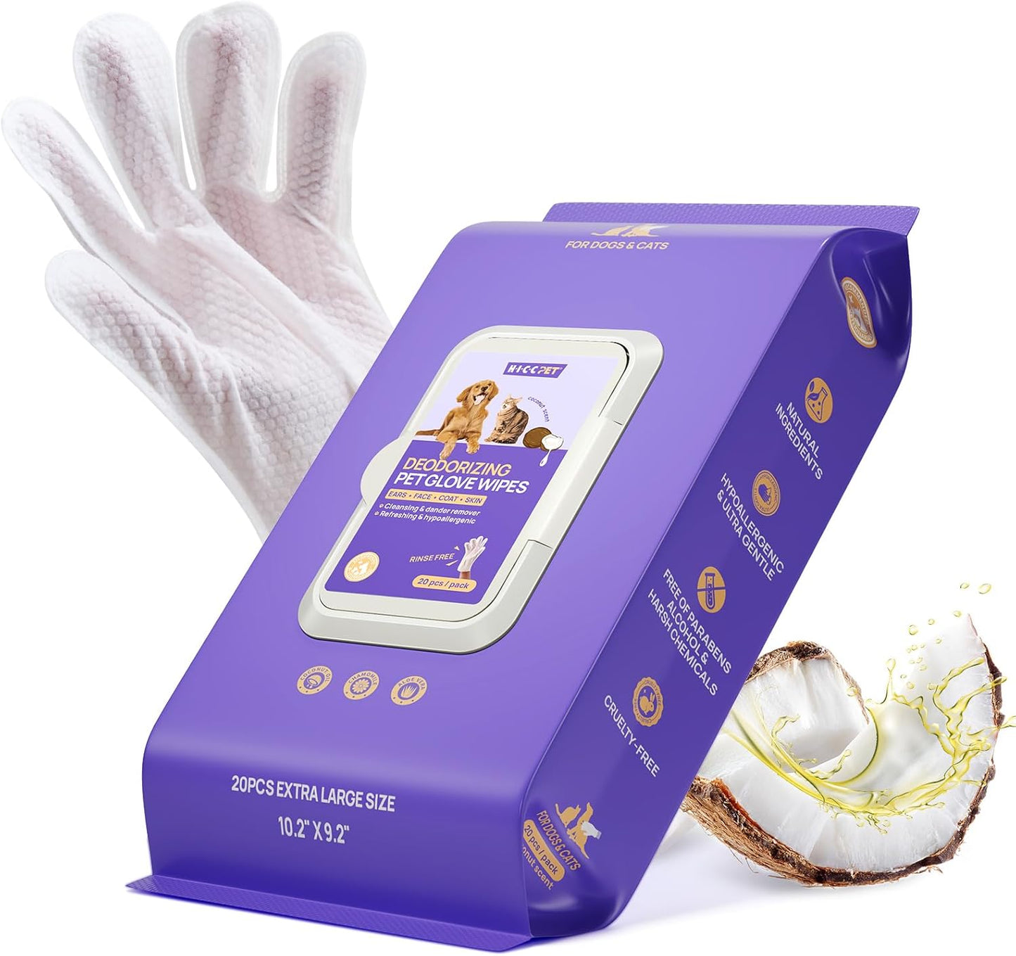 HICC PET Dog Wipes Cleaning Deodorizing Glove Wipes for Dogs, Cats & Horses, Vet Recommended Hypoallergenic Hydrating & Nourishing Pet Wipes for Eyes, Ears, Butt & Paws, No-Rinse, 20pcs Coconut Scent