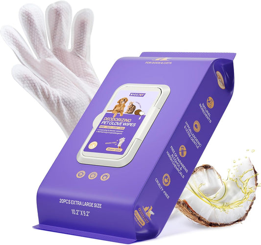 HICC PET Dog Wipes Cleaning Deodorizing Glove Wipes for Dogs, Cats & Horses, Vet Recommended Hypoallergenic Hydrating & Nourishing Pet Wipes for Eyes, Ears, Butt & Paws, No-Rinse, 20pcs Coconut Scent