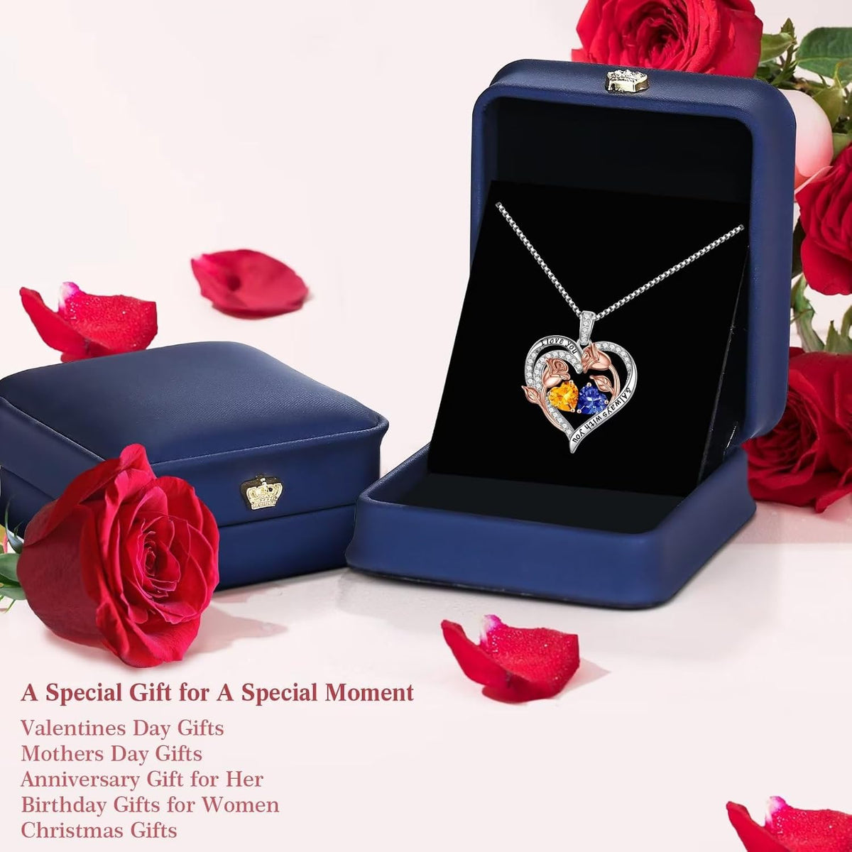 Iefil Birthstone Necklace for Women - Rose Heart Necklace