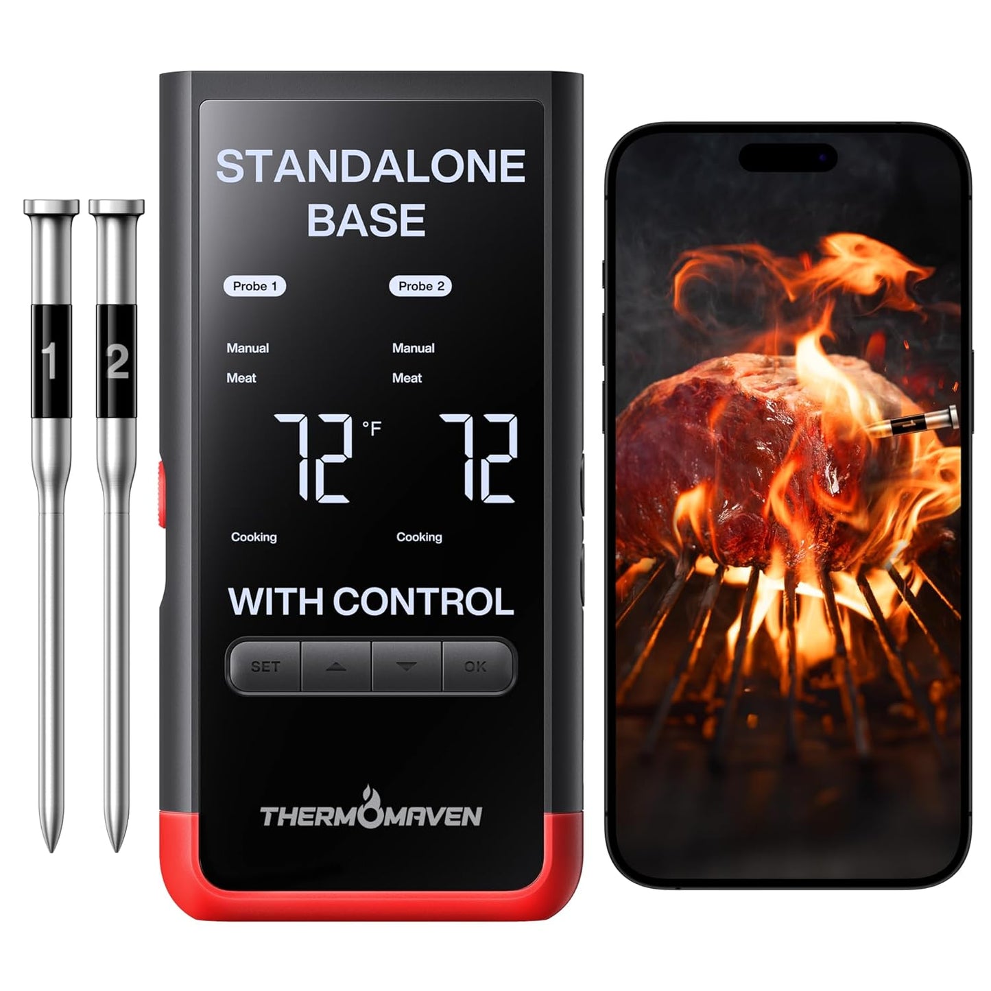 ThermoMaven Smart Bluetooth Wireless Meat Thermometer: Standalone Base, WiFi Unlimited Range, 6 Sensors with NIST Certified Accuracy, 4 Probes for Kitchen, BBQ, Grill, Oven, Smoker, Rotisserie