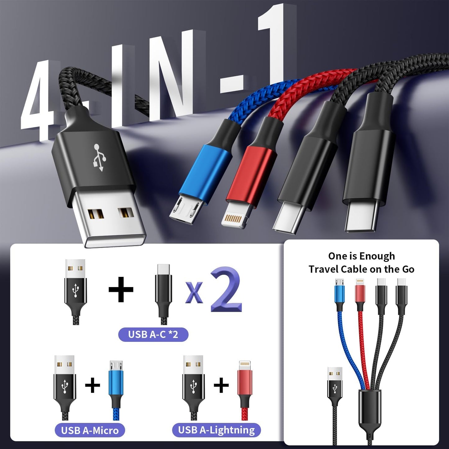 Dual Type-C 4 in 1 Multi Charging Cable for iPhone 17/ Galxy S26, Travel Cruise Essentials, USB Cable iPhone Charger Cord, Charging Cords for iPhone17-8/Androids/iPad and More, Car Charger (2Pack 5FT)