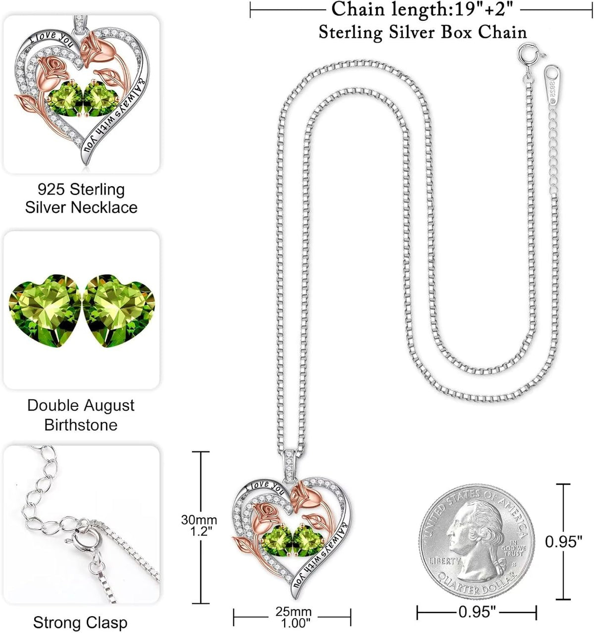 Iefil Birthstone Necklace for Women - Rose Heart Necklace