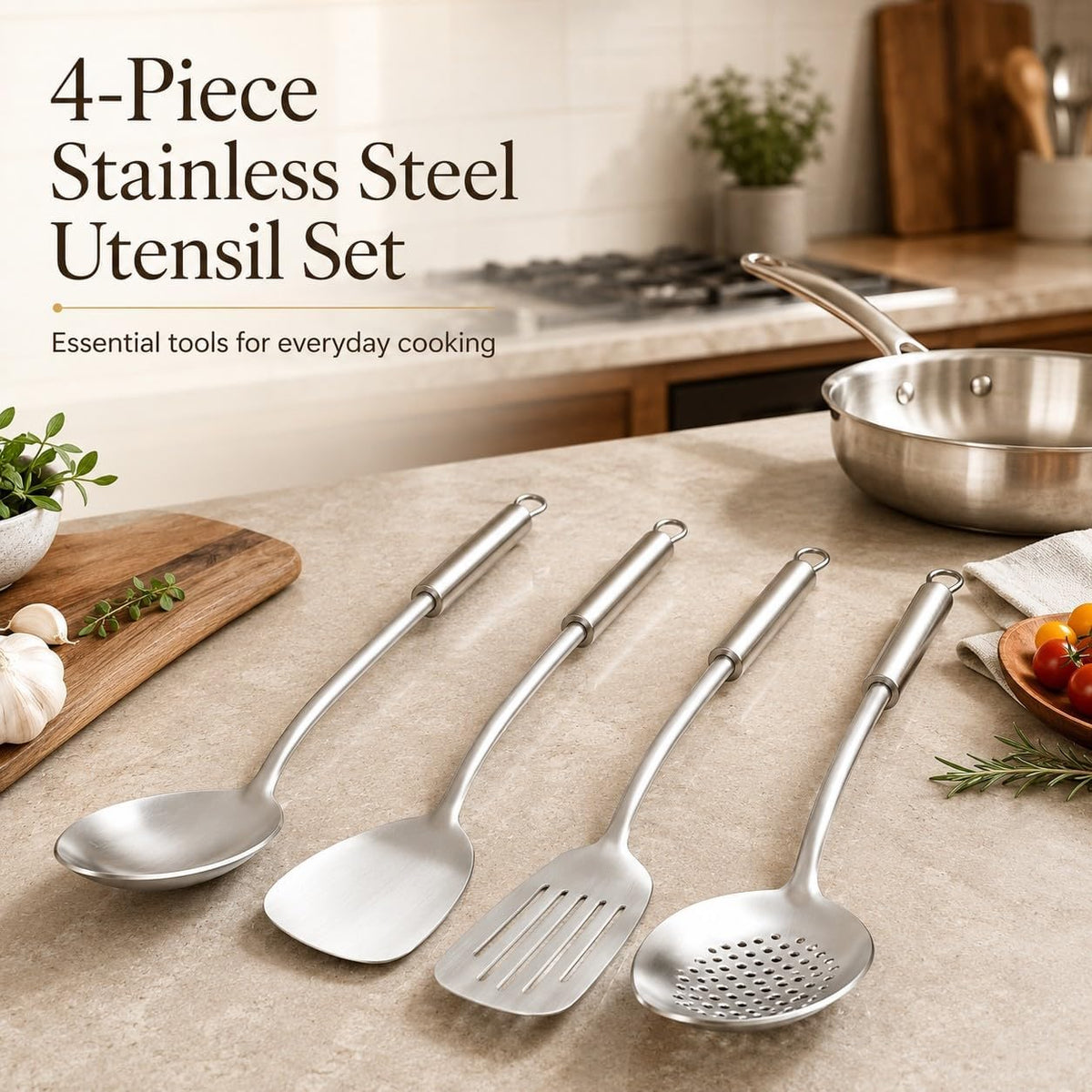 Pleafind Cooking Utensils Set - 4 Pcs Stainless Steel Kitchen Utensils Set with Solid Turner, Slotted Turner, Serving Ladle, Slotted Spoon, Wok Utensils Set with Heat Resistant Handle, Dishwasher Safe