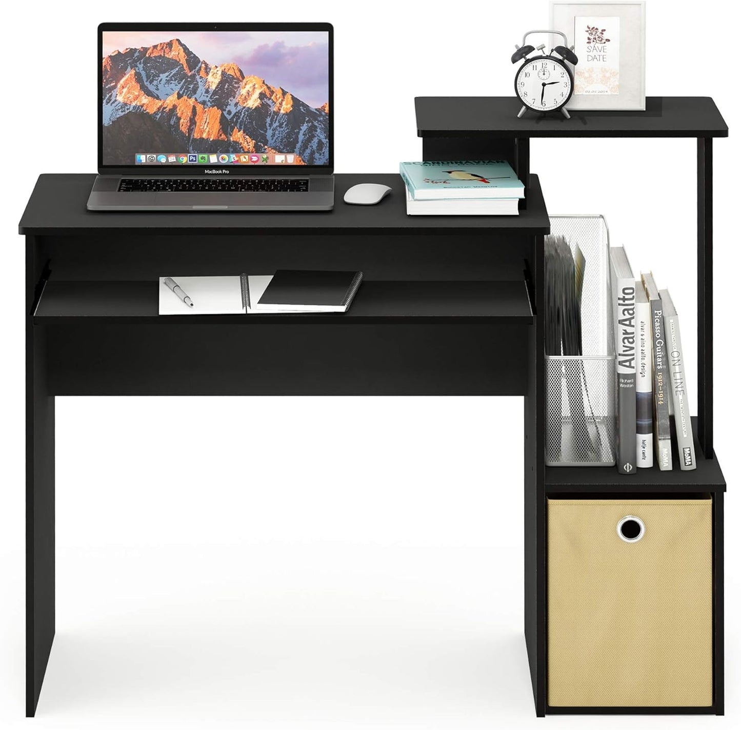 Furinno Econ 40-Inch Black Computer Desk Side Shelves, Office Desk with Keyboard Tray and Storage Bins, Rectangular Gaming Desk for Home Office, Bedroom, Study Room, Classic Black
