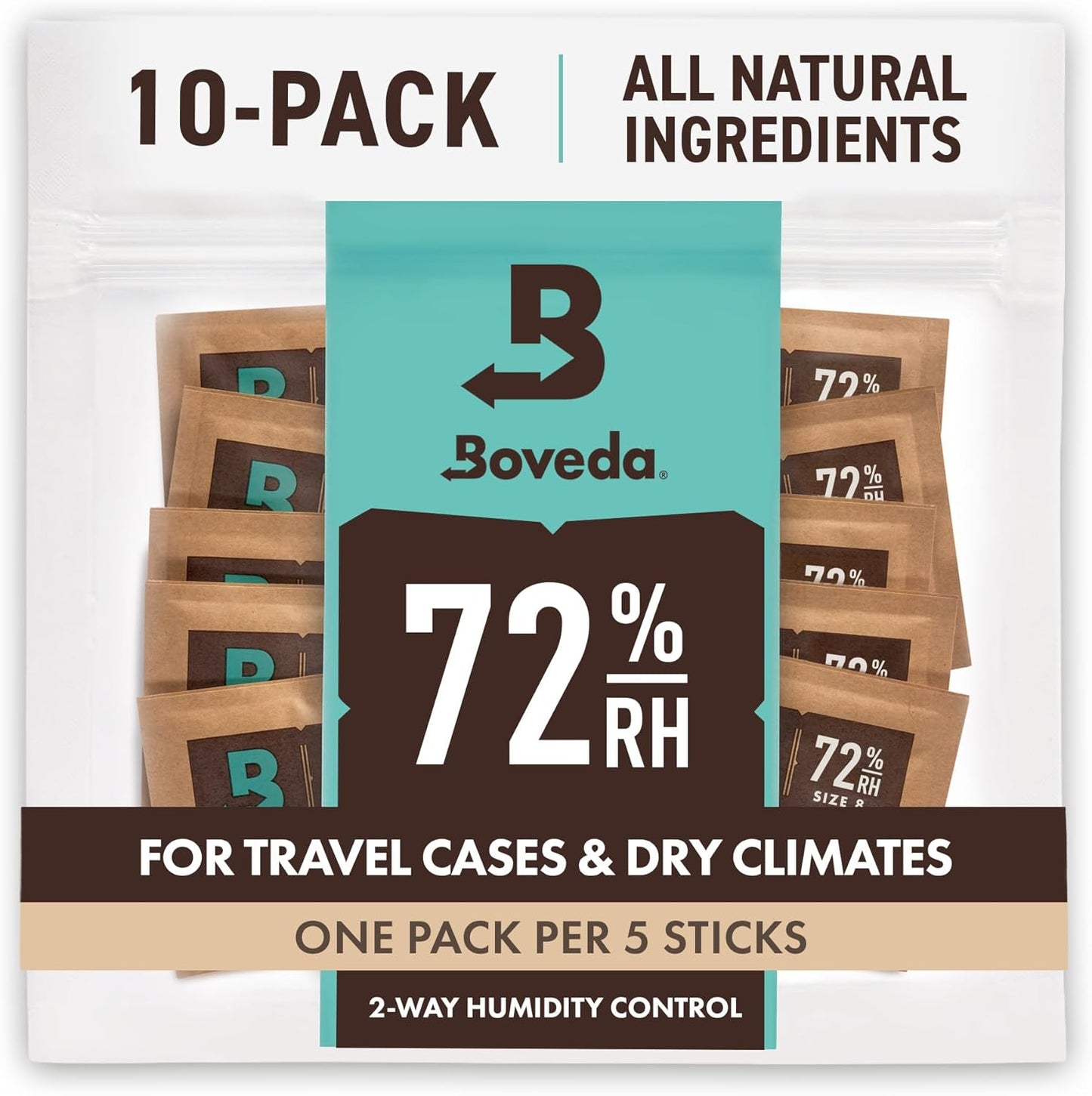 Boveda 72% RH 2-Way Humidity Control – Restores & Maintains Humidity – All in One Solution for Humidification- Patented Technology - Convenient & Versatile - 10 Count Resealable Bag