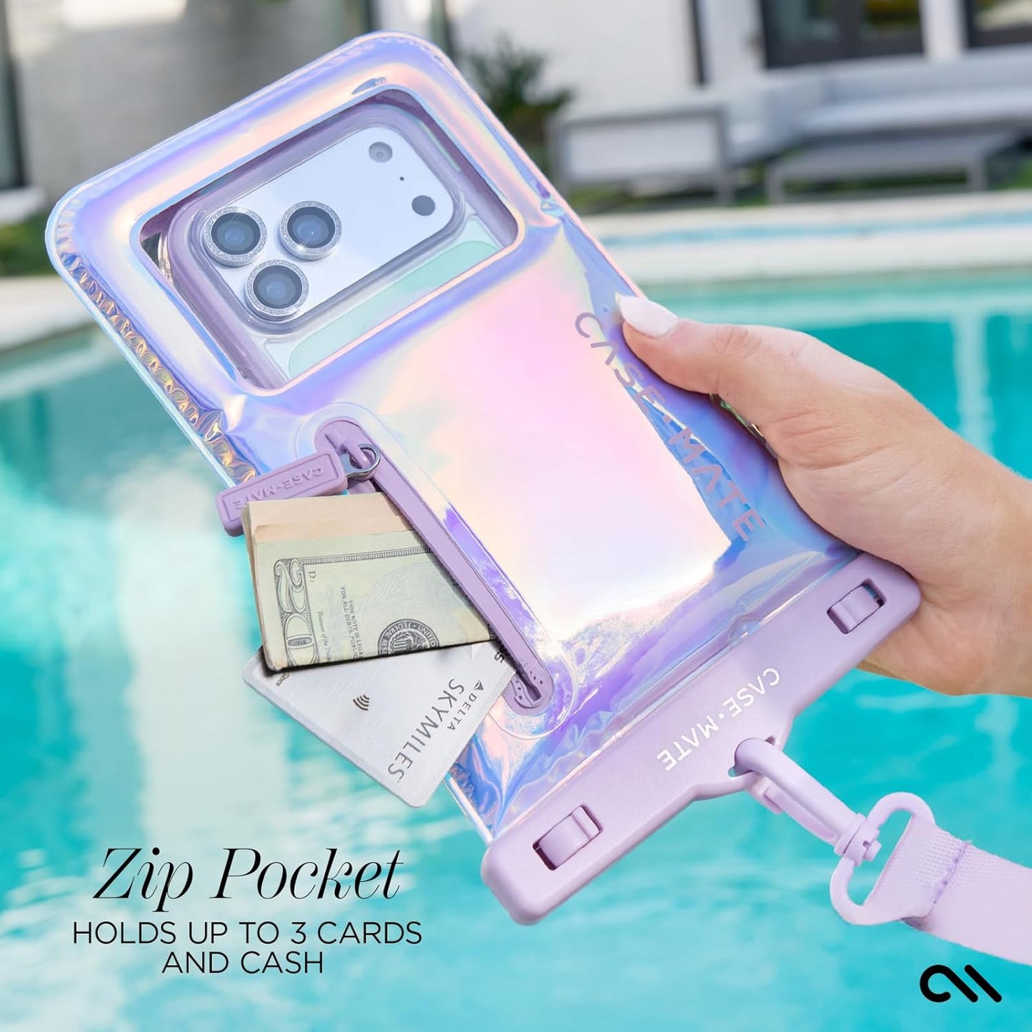 Case-Mate Soap Bubble IP68 Waterproof Phone Pouch with Zip Pocket for 3 Cards & Cash - Large Floating Phone Case w/Crossbody Lanyard - Cruise Travel Essentials Compatible w/All Devices - Iridescent