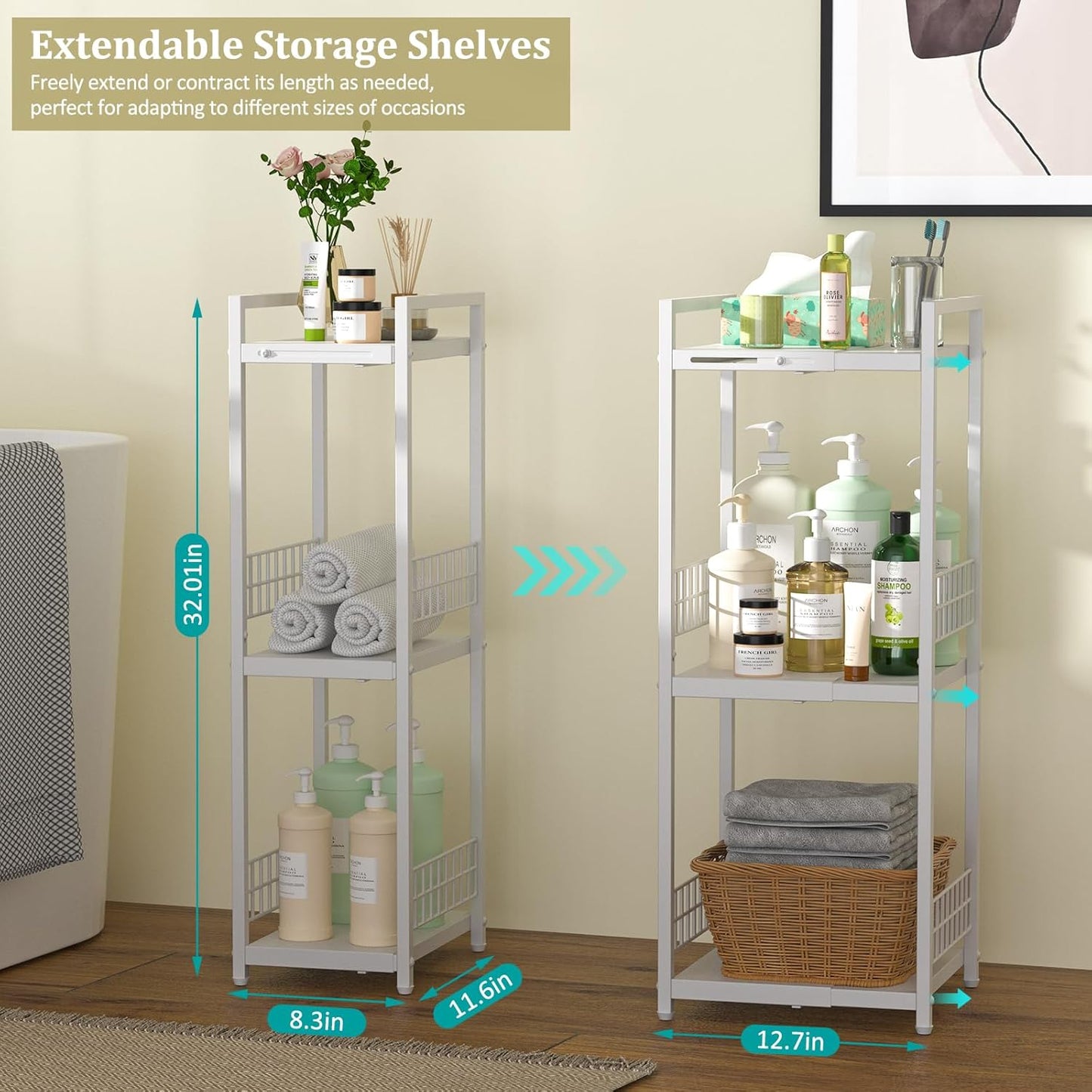 DAOUTIME Expandable Slim Storage Shelf, 3 Tier Metal Shelving Unit for Bathroom Storage Organizer, Free-Standing Narrow Shelf, Open Floor Shelves for Small Spaces,Laundry,Bathroom,Kitchen, White