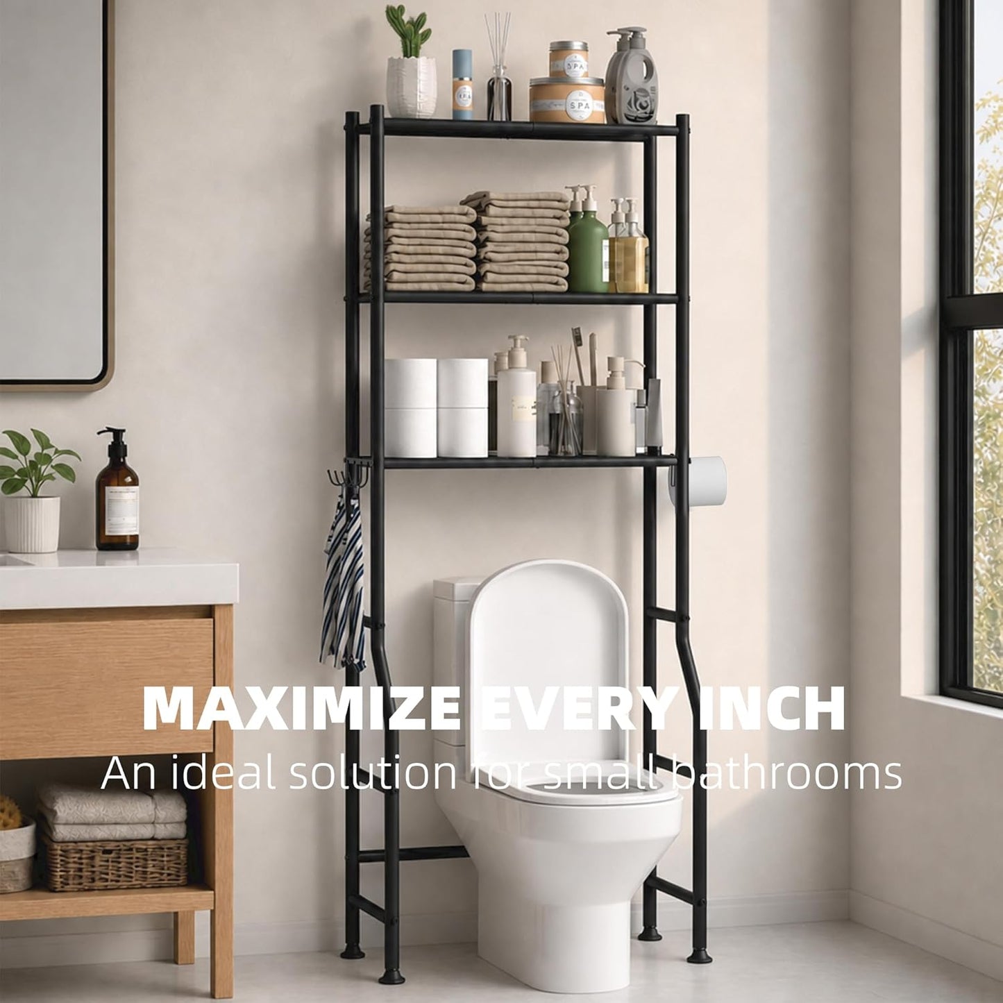 GloTika 3-Tier Over Toilet Storage with Anti-Tilt Safety System - 150lb Total Capacity Metal Bathroom Shelves Including Paper Holder & 4 Hooks, Space Saving Above Commode Organizer (64" H, Black)