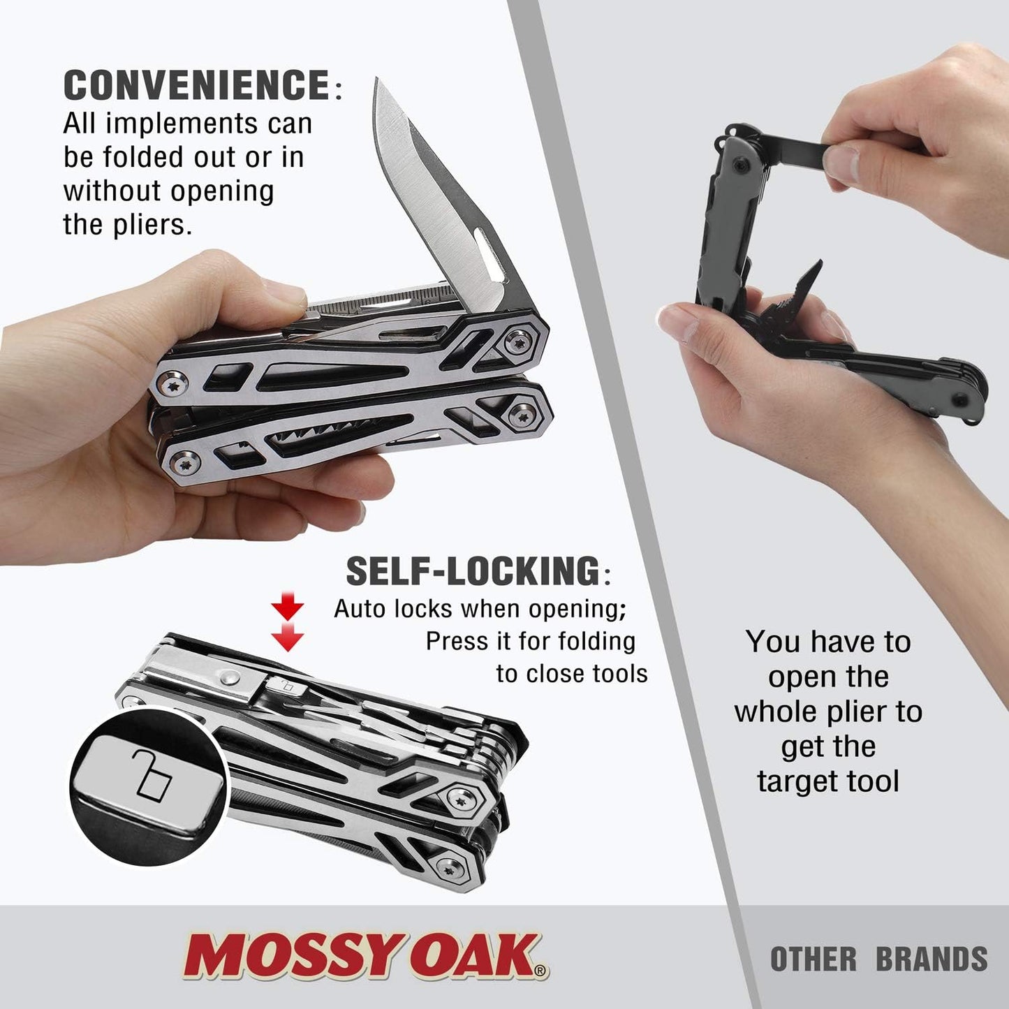 MOSSY OAK Multitool, 21-in-1 Stainless Steel Pocket Knife with Screwdriver Sleeve, Self-locking Pliers with Sheath-Perfect for Outdoor, Survival, Camping, Hiking, Simple Repair, Father Day Gifts