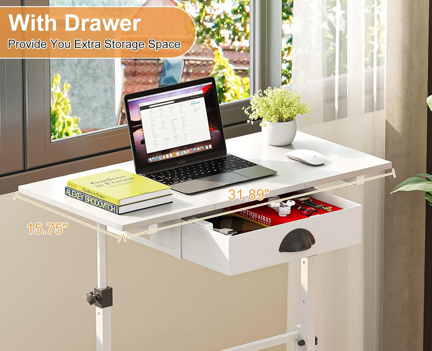 Cidaziya Adjustable Height Standing Desk for Walking Pad Treadmill, Portable Rolling Desk for Laptop with Drawer, Small Moblie Sit to Stand Desk On Wheels with Stiffener for Home Office Dorm Bedroom