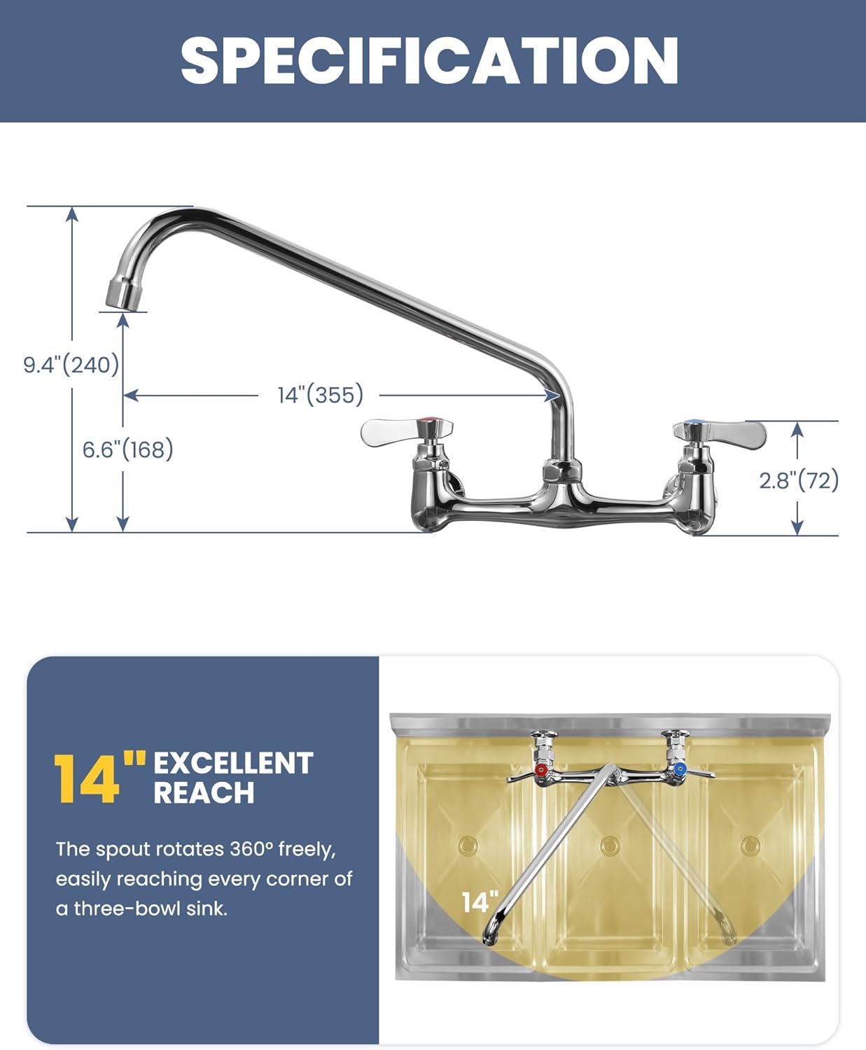 Commercial Sink Faucet with 14” Swivel Spout, 8" Center Wall Mount Kitchen Faucet, Dual Handles Brass Utility Sink Faucet for Laundry Room Restaurant Compartment Sink, Polish Chrome