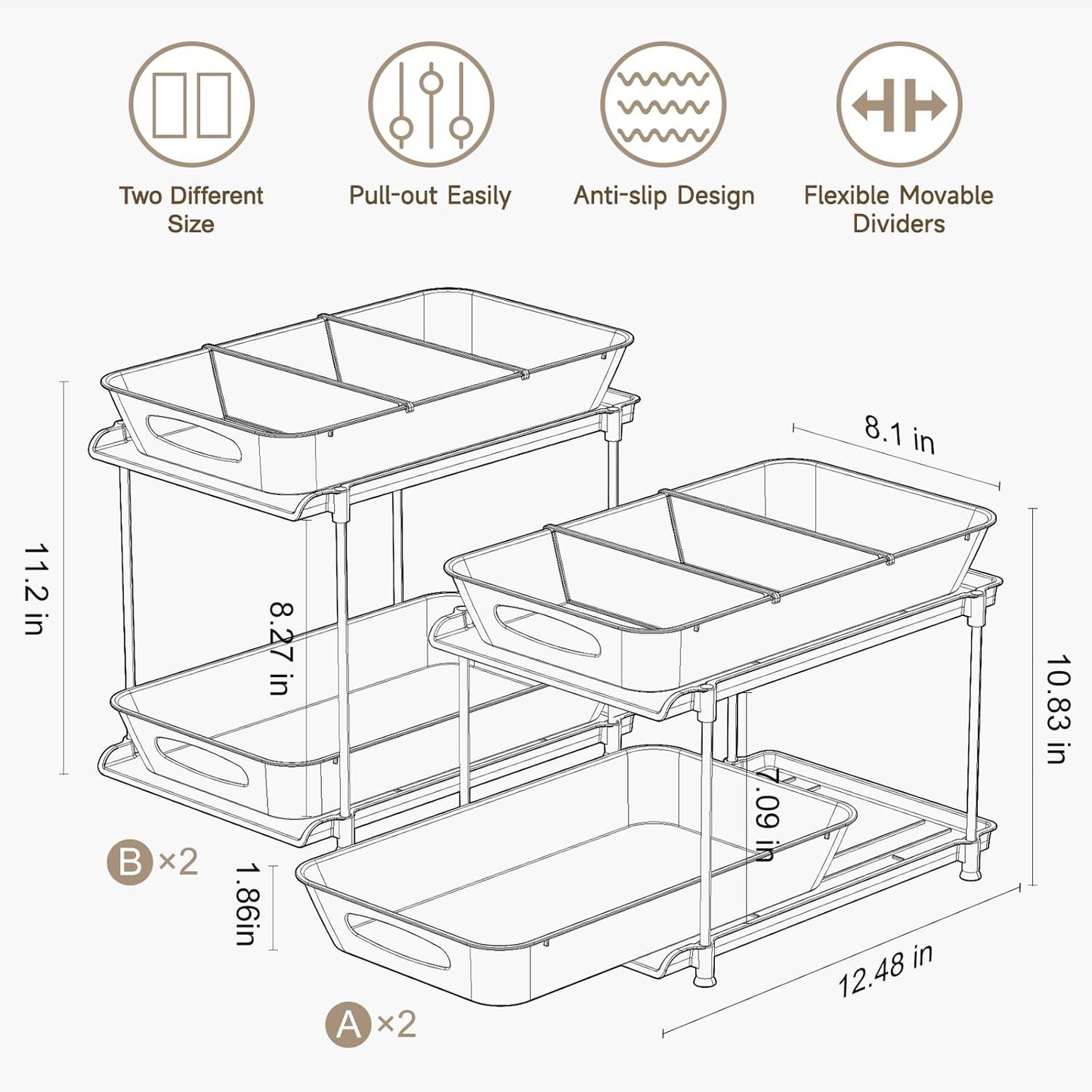 Sevenblue Under Sink Organizer, Bathroom Organizers and Storage, 2 Tier Multi-Use Pull Out Cabinet Organizer with Hang Hooks and Cups (transparent, 4 Pack)