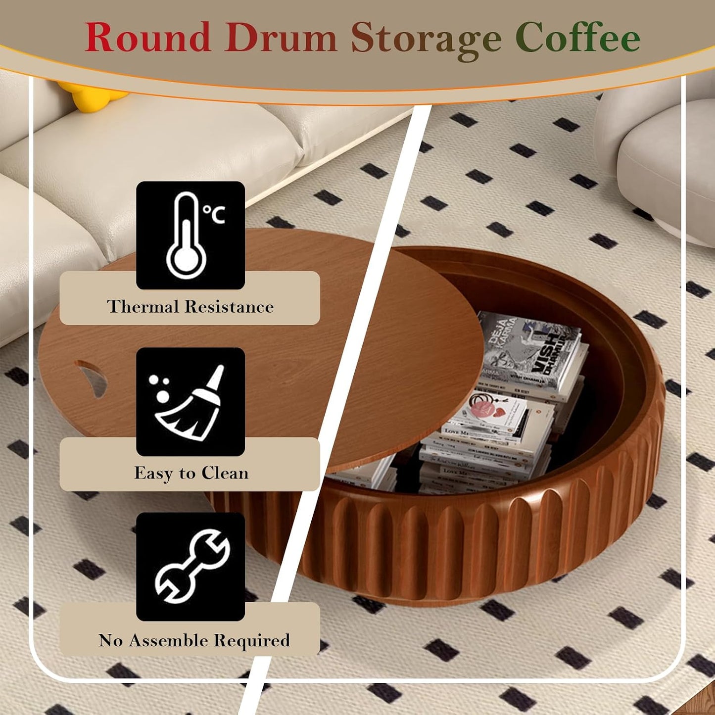 Chic Drum Coffee Table with Storage (C 31.5in) | 31.5” Rustic Round Center Table - Handcraft Fluted Veneer Easy Assemble for Living Room Apartment