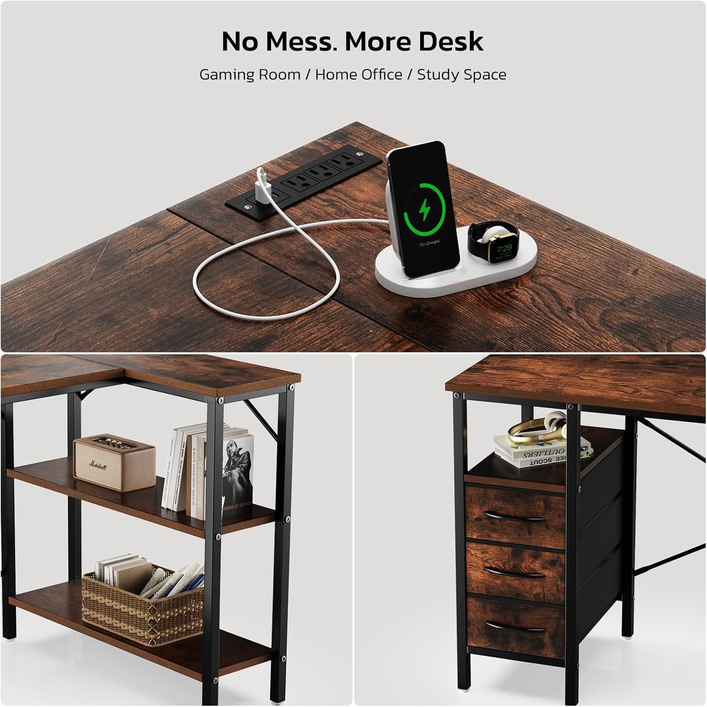 Simple Deluxe L Shaped Gaming Desk with Power Outlets, 47 Inch Computer Desk with 3 Drawers, Shelves, Corner Computer Desk for Gaming, Corner Work, Home Office, Study, Rustic Brown