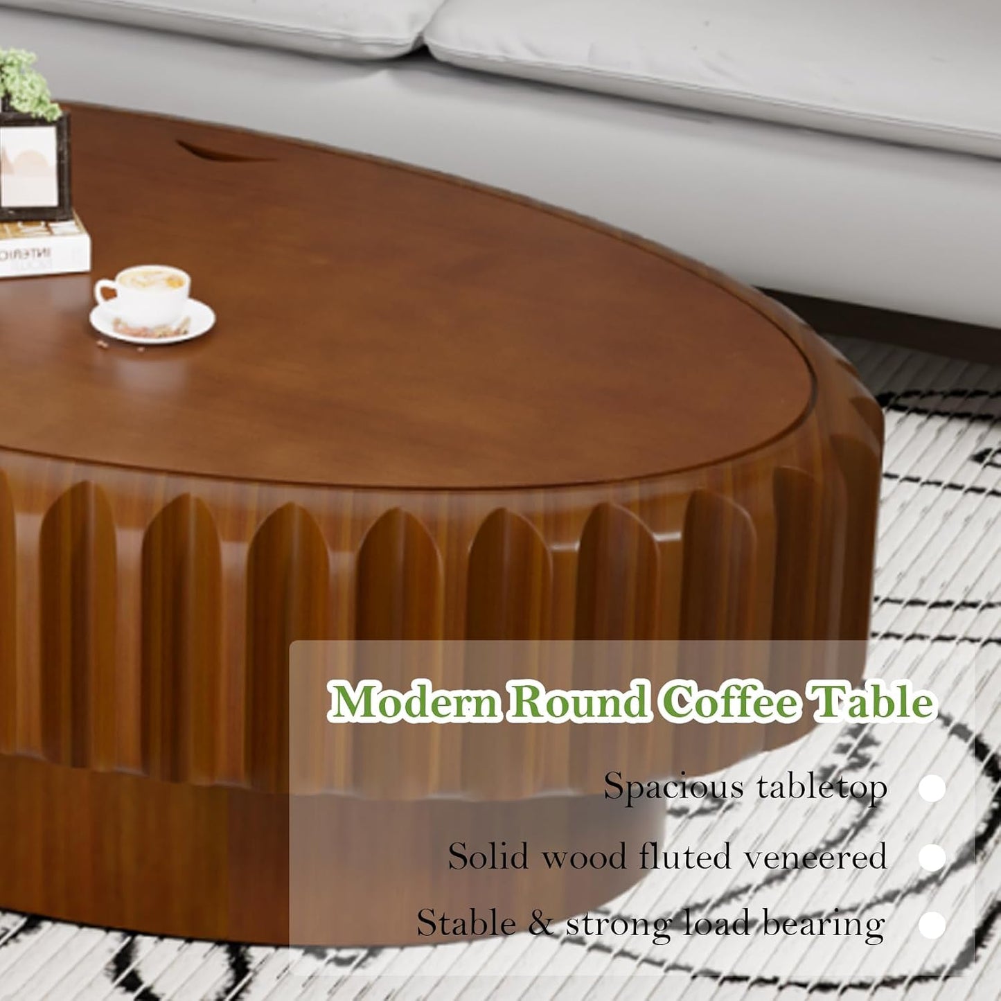 43.3" Oval Drum Coffee Table with Storage (B 43.3in) | Rustic Chic Fluted Center Table - Handcraft Solid Wood Veneer Edge | for Living Room Farmhouse