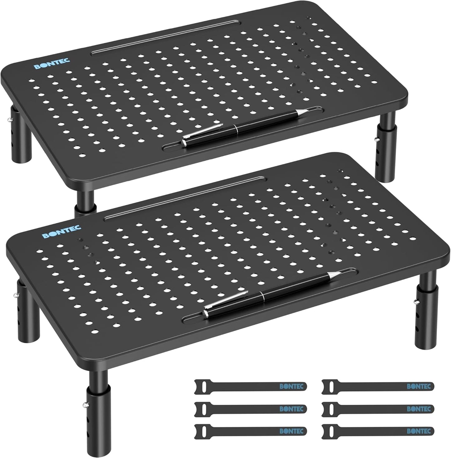 BONTEC Monitor Stand for Desk 2 Pack, 3-Level Height Adjustable Metal Monitor Riser, 14.5 x 9.1 in Ergonomic Computer Stand with Pen Holder & Cable Management for Printer, Laptop, Office Workstation
