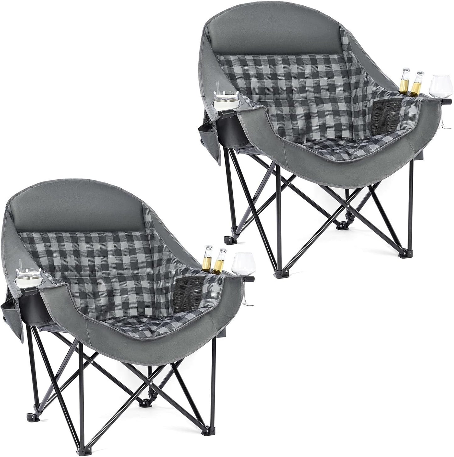 Oversized Camping Chair for Adults - Heavy Duty Outdoor Padded Large Lawn Camp Chair with Cup Holder Cooler Pockets for Sports Beach Fishing Garden Portable Supports 500lbs, Grey 2 Pack