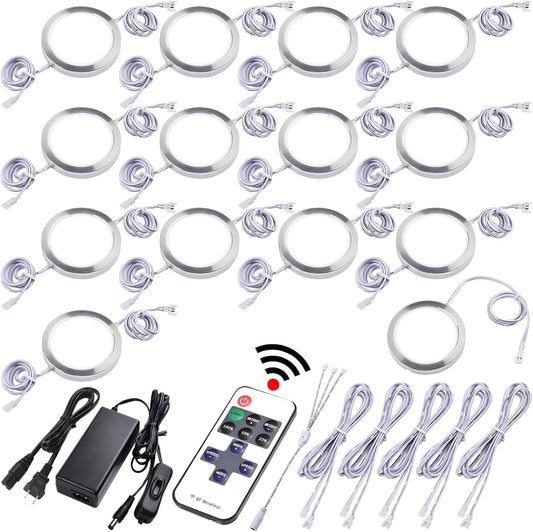 Under Cabinet Lighting Kit, Curio Display Case Lighting, Dimmable Wireless RF Remote Control, Linkable Wired LED Puck Lights, AC120V to DC12V, Hardwired or Wall Plug, Daylight, 14 Lights