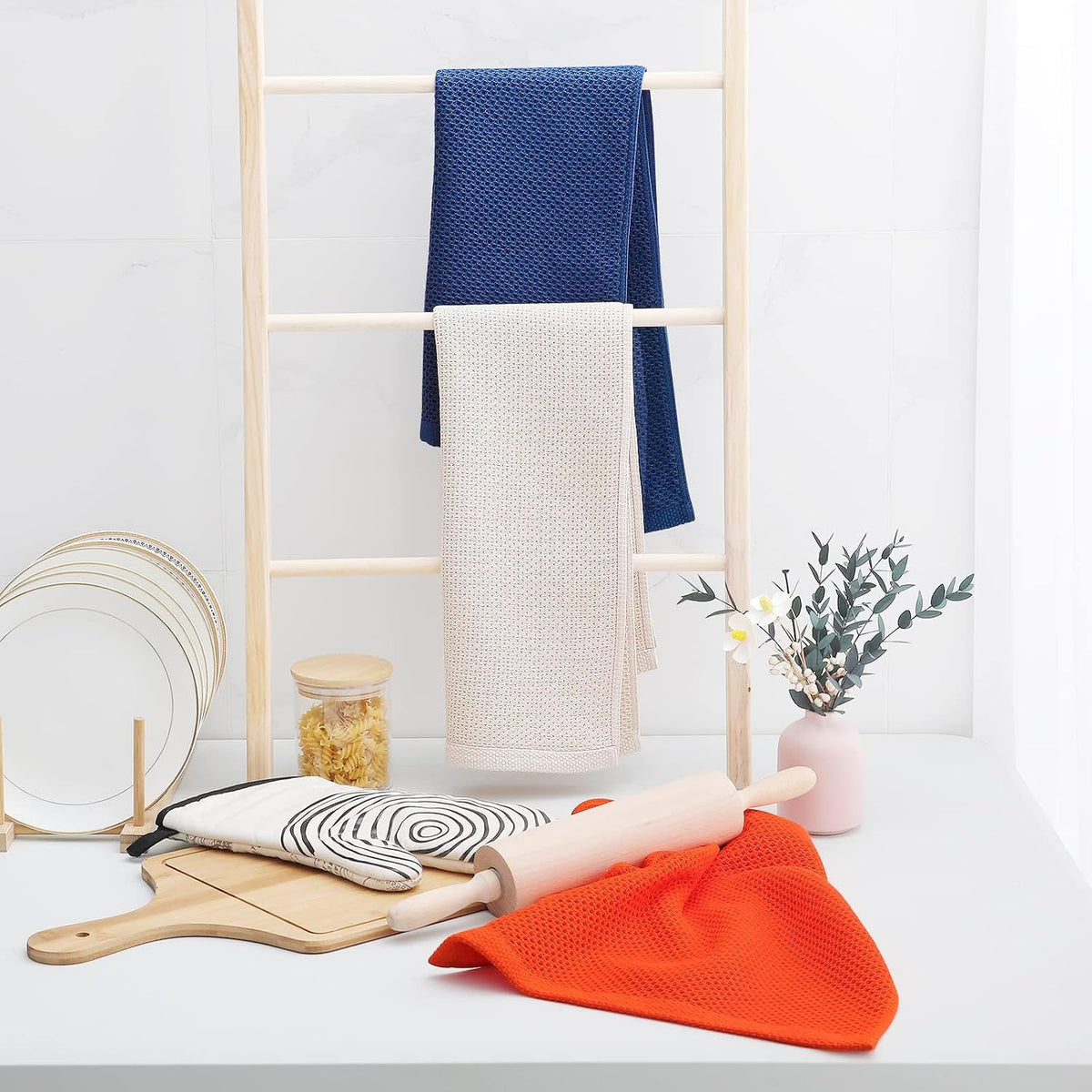 Homaxy 100% Cotton Waffle Weave Kitchen Dish Towels 6-Pack, Navy Blue