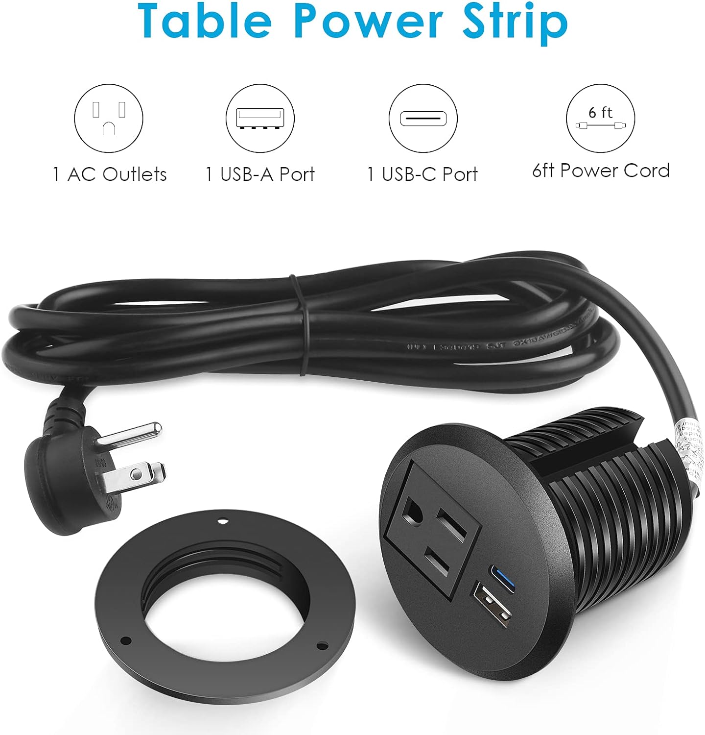 Desktop Power Grommet, 2 inch, USB C PD 20W Fast Charging Station, Desk Hole Recessed Power Outlet,ETL Listed (1, 6 FT Cable)