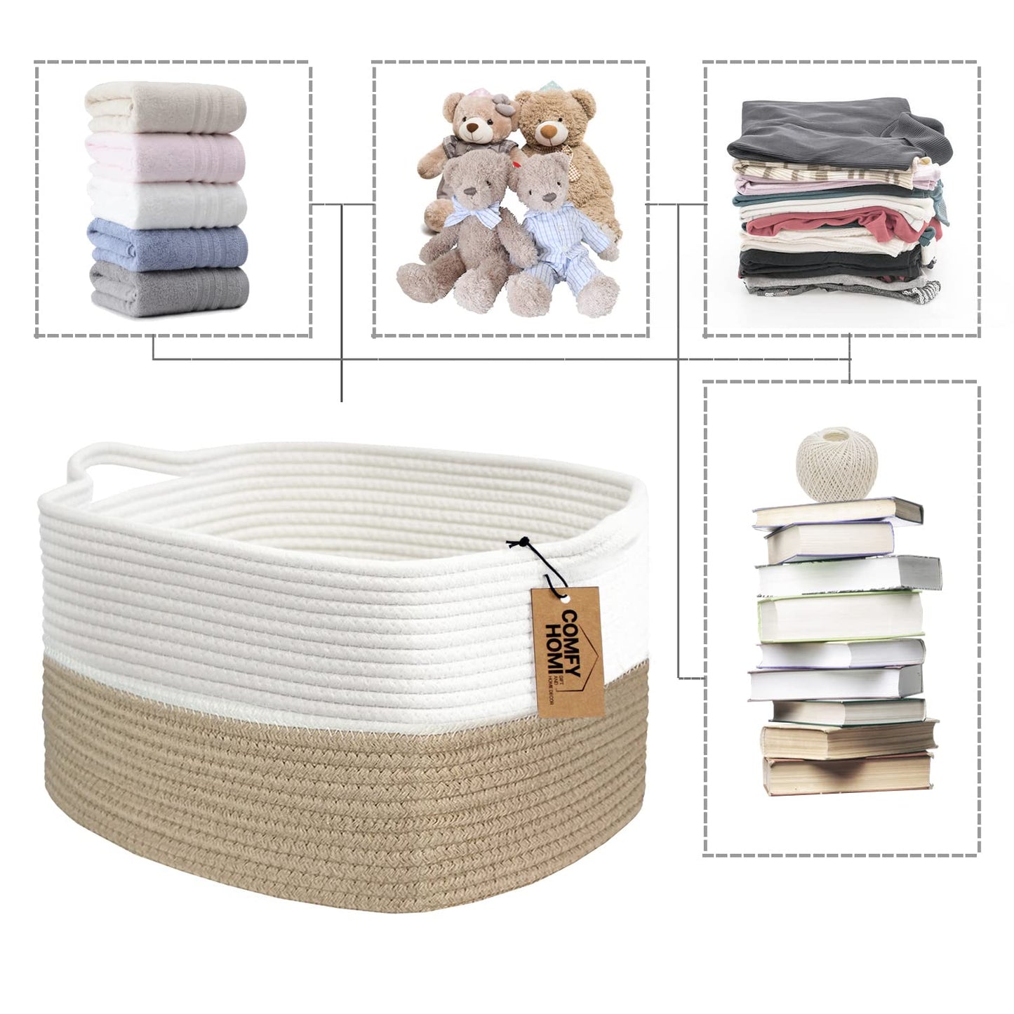 COMFY-HOMI Cotton Rope Woven Basket with Handles for Shelves,Toys,Book, Cloth Storage Baskets Bin for Organizing- 1 PCSToy Decorative Organizer for Living Room, Bathroom