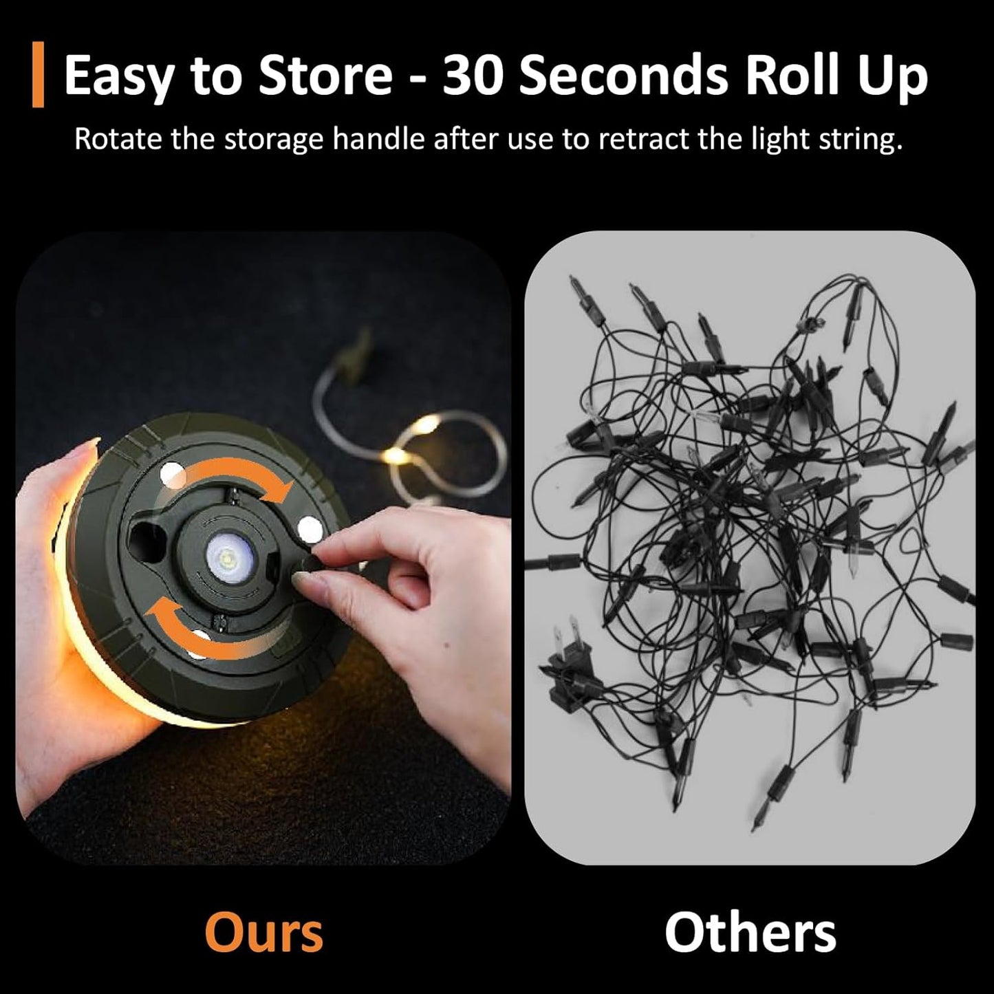 Camping String Lights, 4 in 1 Portable Camping Light Rechargeable, 8 Lighting Modes, USB Charging, Quick Storage, 32.8FT Waterproof Tent Lights String for Camping, Hiking, Yard, Christmas