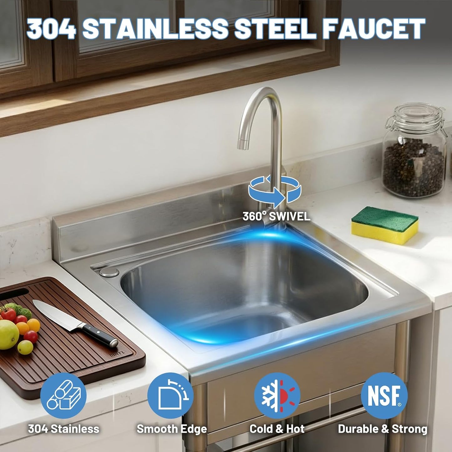 Utility Sink Free Standing Single Bowl Kitchen Sink with Cold and Hot Water Pipe Stainless Steel Sink for Garage Shop Laundry Room Basement Garden Farmhouse Mens Gifts Ourdoor Indoor fregadero