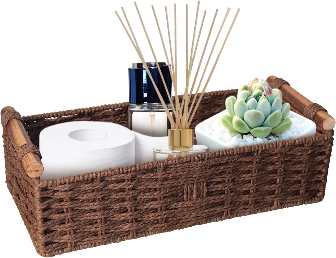 Round Paper Rope Storage Basket Wicker Baskets for Organizing with Handle Decorative Storage Bins for Countertop Toilet Paper Basket for Toilet Tank Top Small Baskets , Green