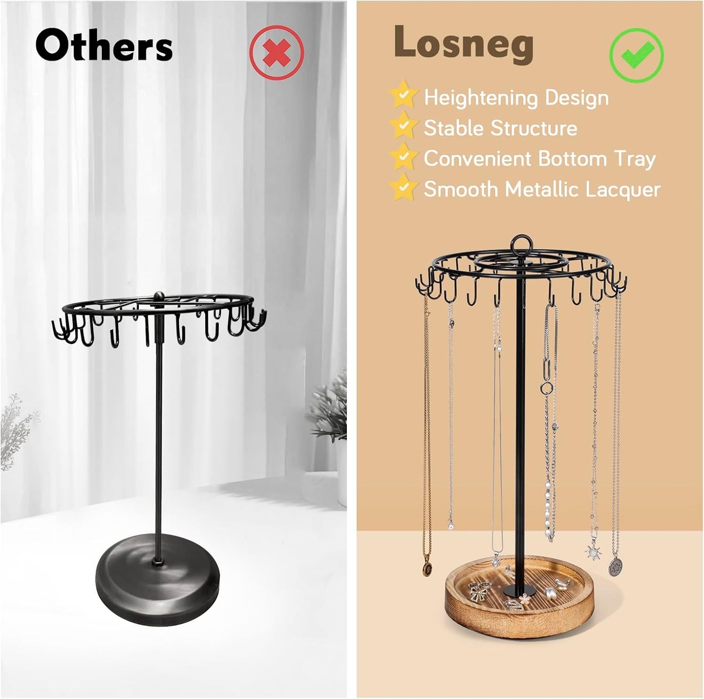 Rotating Necklace Holder, Necklace Organizer Tree Stand with 24 Hooks, Jewelry Necklace Display Stand, Wooden & Metal, Tall Spinning for Vendors Retail, Gift for Mother Women, Vintage Black