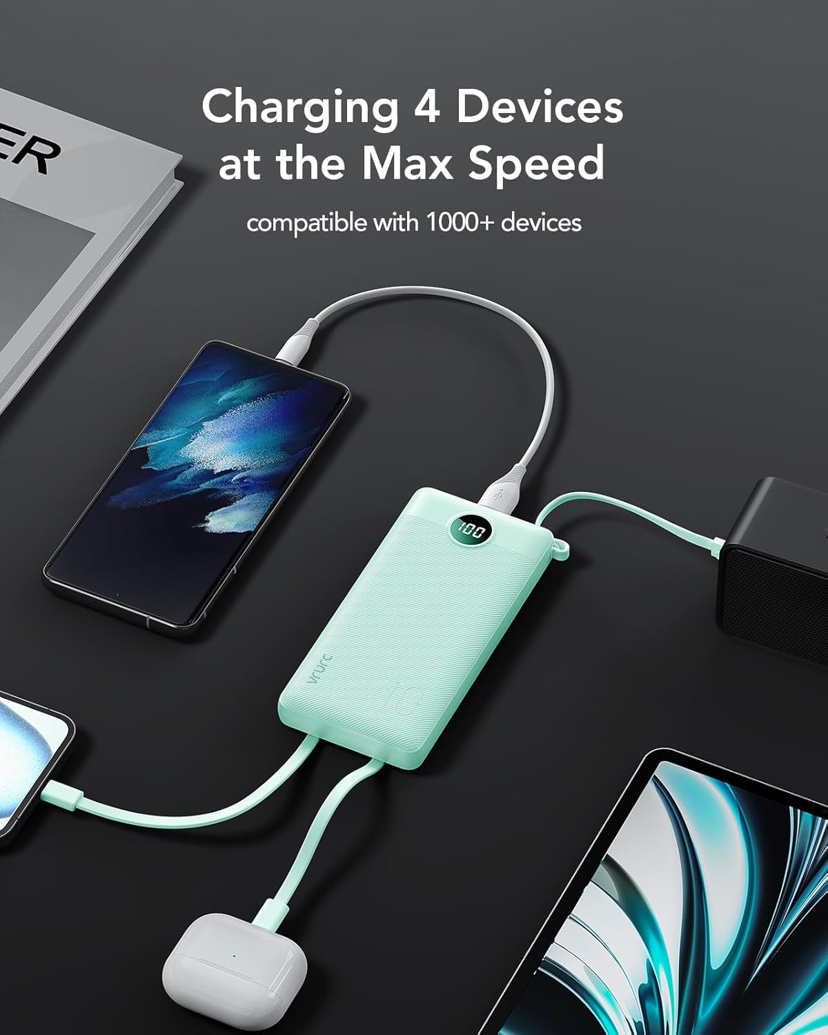 VRURC Portable Charger, 22.5W Fast Charging Power Bank Built‑in 4 Cables, 10000mAh Slim Lightweight Travel Battery Pack for iPhone, Samsung & Multi Devices, Pocket‑Friendly with Lanyard-Green(1 Pack)