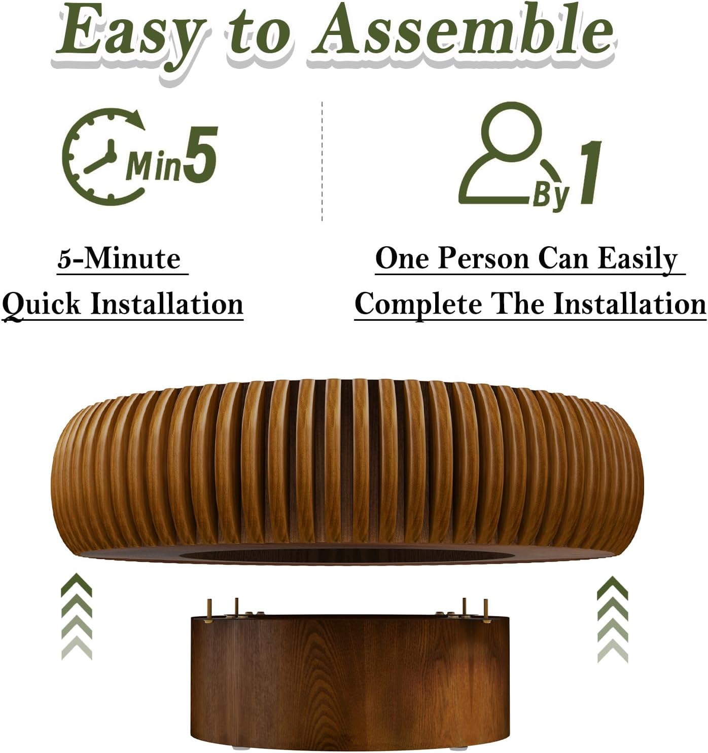 31 inch Brown Round Fluted Coffee Table for Living Room (E, 1PC) | Mid Century Modern Style, Drum Shape, Low Circle Center Table, Wood Fluted Stripes, For Small Spaces, Easy to Assemble