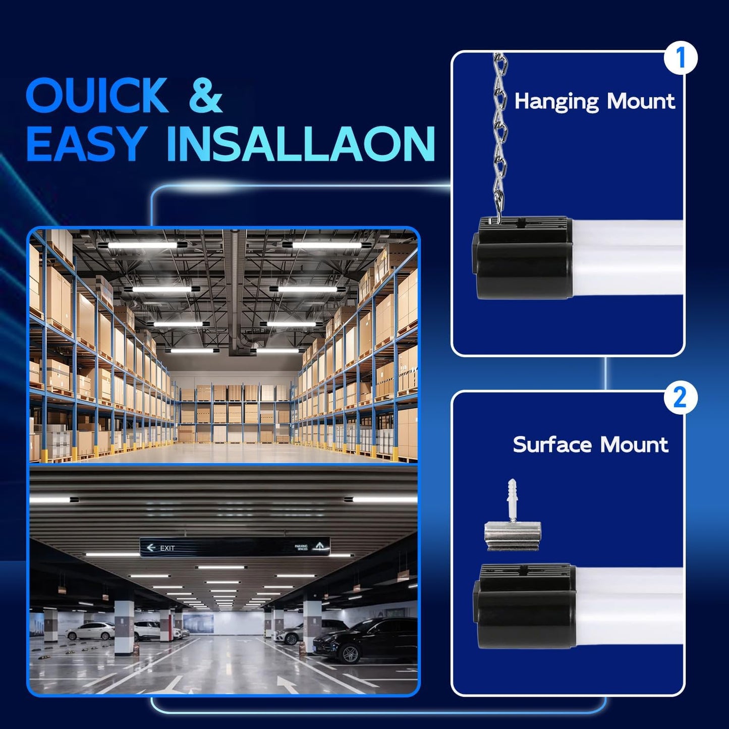hykolity 2 Pack 4FT Linkable LED Shop Light for Garage, 4400lm, 4FT 42W, 5000K Daylight LED Workbench Light Fixture with Plug, Hanging or Surface Mount, Black - ETL