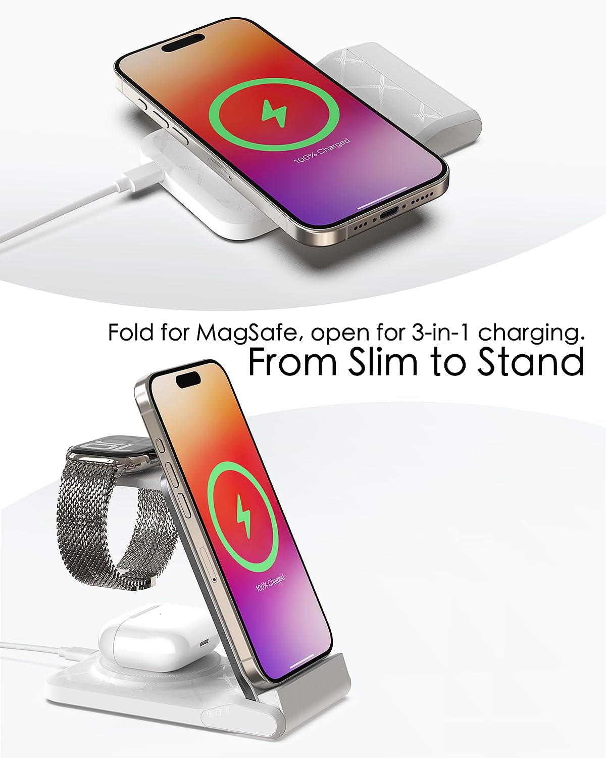 3 in 1 Charging Station for Multiple Devices,Travel Wireless Charging Station, Foldable Charger for iPhone 17 Air 16 15 14 13 12 Series,& Android Phone,& iWatch (USB-C Adapter Included)