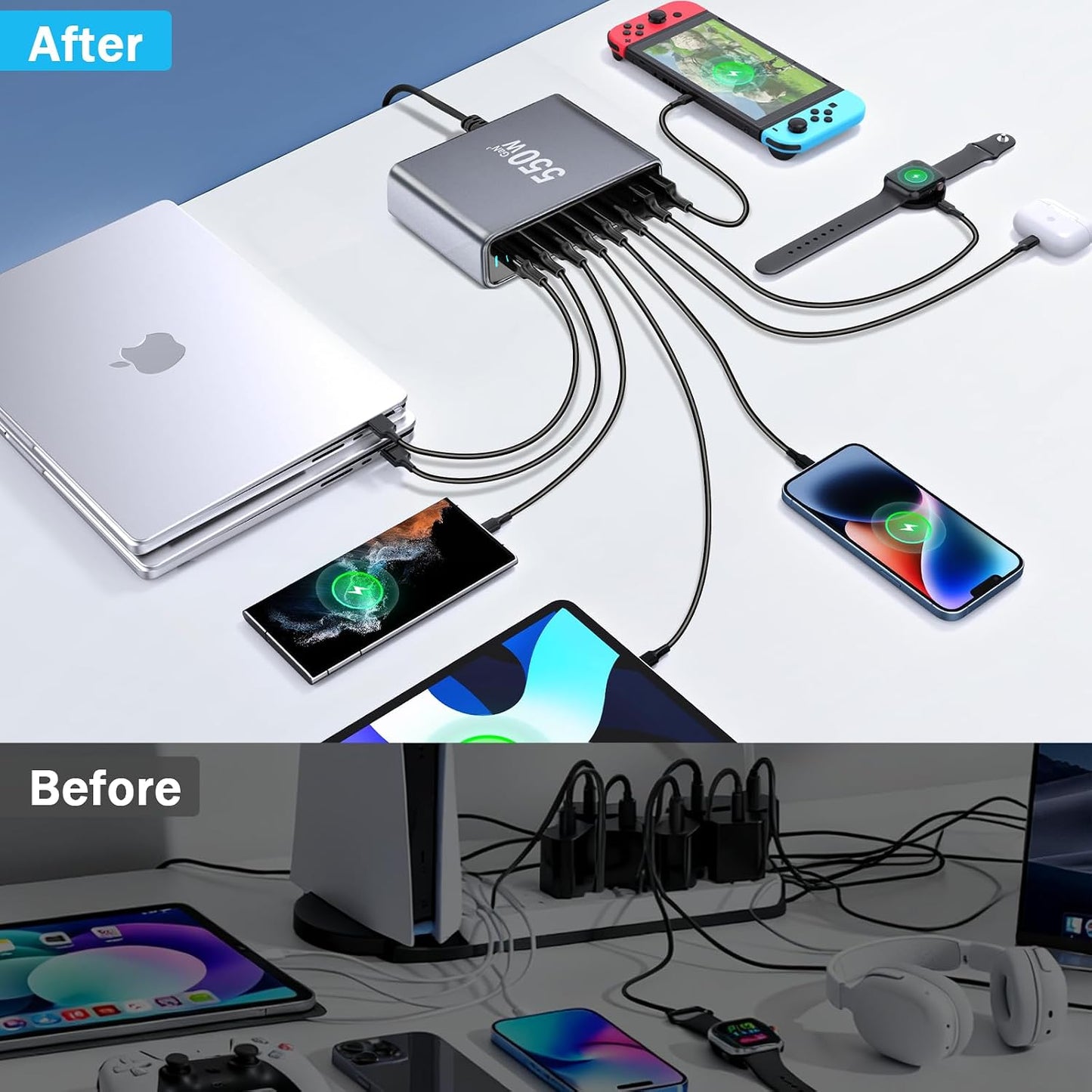 550W USB C Fast Charger Block, PD3.1 140W 8 Port USB Charging Station, GaN Ⅲ Pro PD PPS Fast Charging Station for Multiple Devices,Laptop Wall Charger Compatible with iPhone 17/iPad/MacBook etc