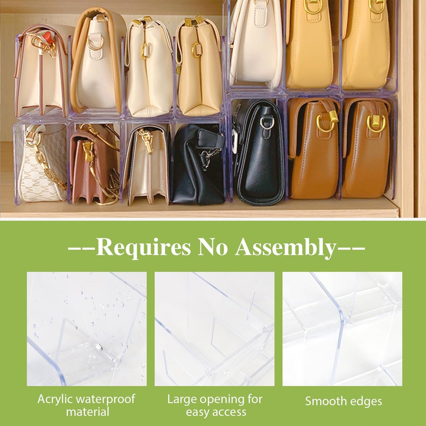 2 Pcs Purse Organizer for Closet, Acrylic Clear Purse Storage Organizers, Closet Organizers and Storage Purse Handbag Divider Holder, 4 Sections Purse Organizers Dividers in Bedroom Office (white)