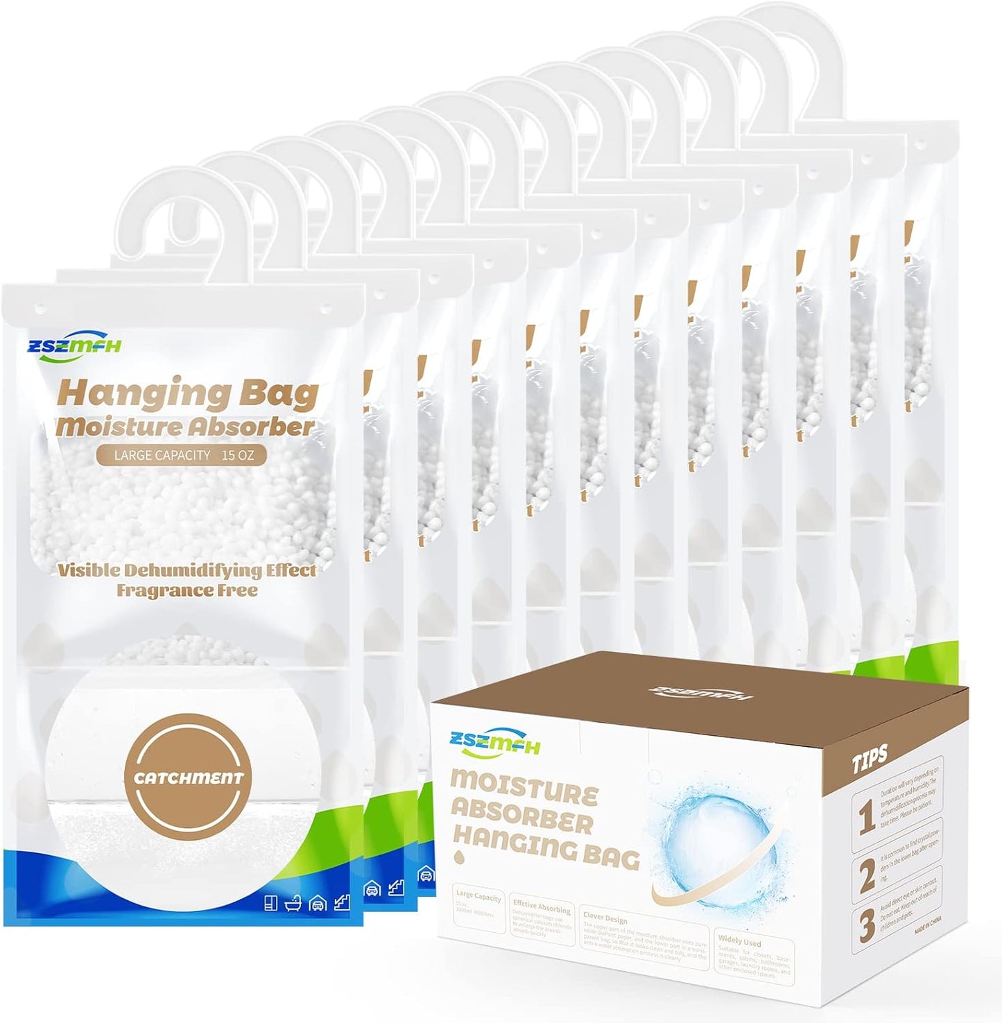 ZSZMFH 12 Pack Moisture Absorber Hanging Bags, Fragrance Free Humidity Packs, Hanging Closet Dehumidifier Bags-220g/pack
