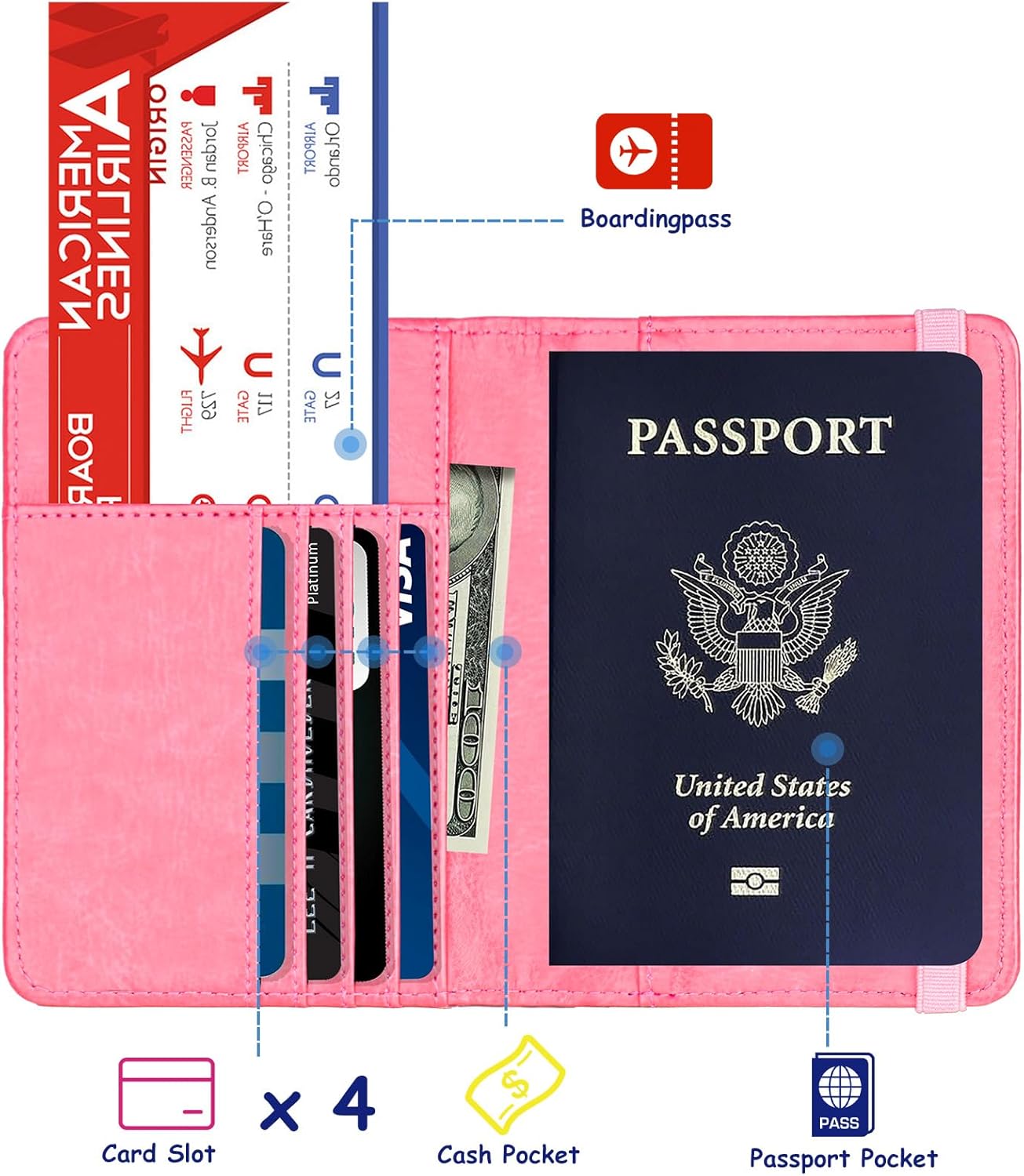 TOURSUIT RFID Blocking Passport Holder for Women Men, Leather Passport Travel Wallet with 3D Metal Badge, Travel Document Holder Cover Accessories (Pink)