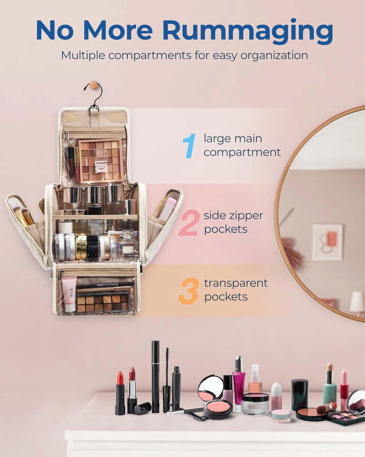 BAGSMART Toiletry Bag Travel Makeup Bag with Hanging Hook, Cosmetic Bag Make Organizer Case, Large Capacity Water-resistant Organizer for Toiletries Accessories Brushes Sponge, Beige
