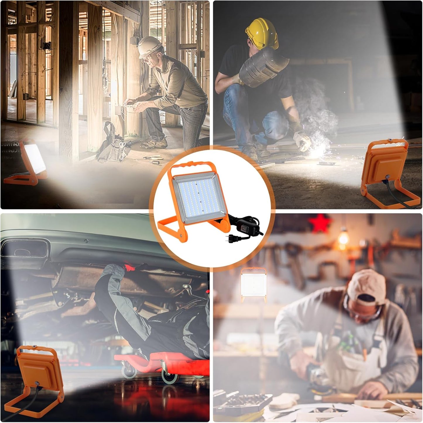2-Pack 50W Super Bright LED Work Light - 8,000LM (500W Equivalent), IP65 Waterproof, 10ft Heavy Duty Cord, 5000K Daylight, Adjustable Flood Lights for Workshop, Garage, Construction Site