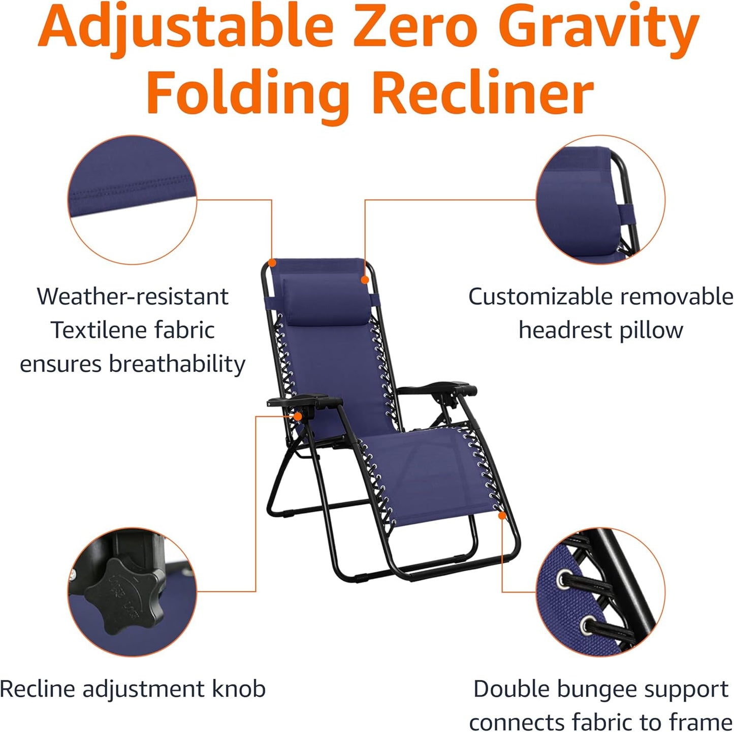 Amazon Basics Zero Gravity Lounge Chair with Pillow, Foldable Outdoor Reclining Chair for Patio and Beach, Weather-Resistant Textilene, 300 lb Capacity, 26", Navy Blue