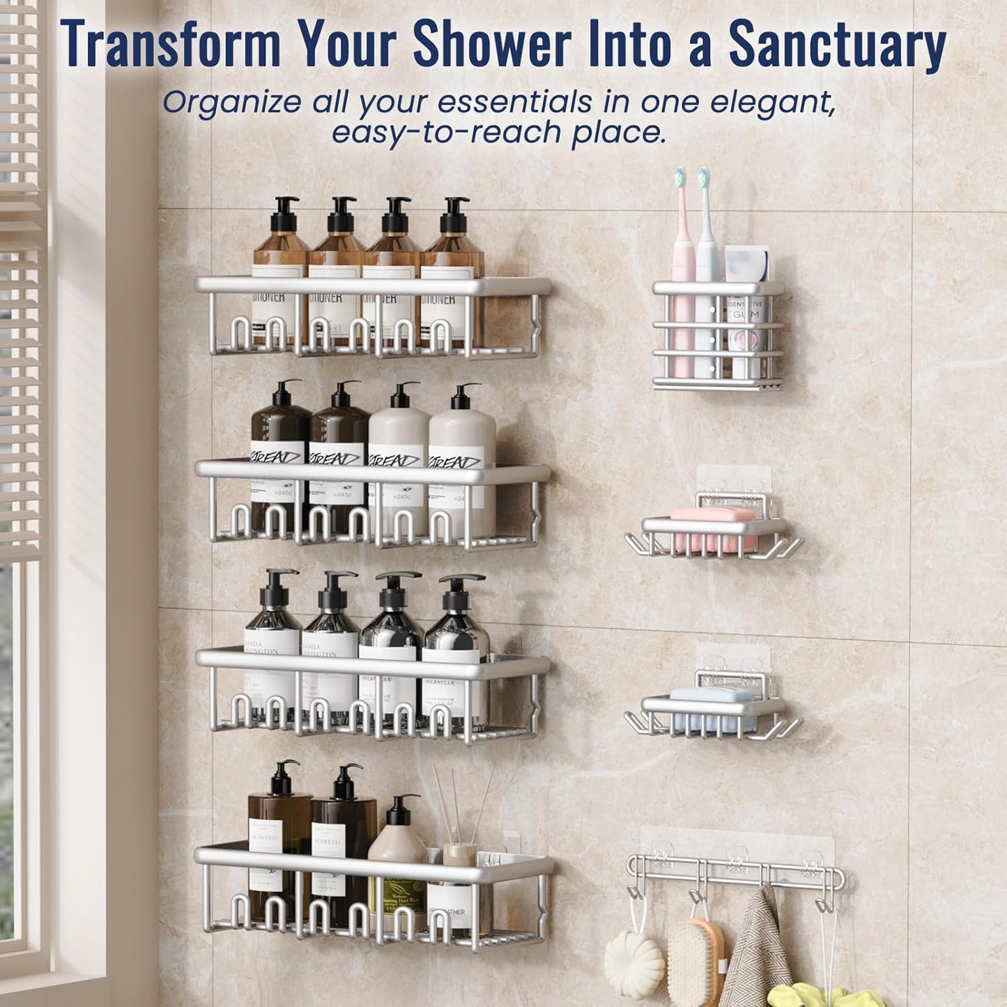 8 Pack Adhesive Rustproof Shower Caddy with Soap Dishes, Toothbrush Holder & Hooks, Large Capacity No-Drilling Shower Shelves Rack for Bathroom Organizers and Storage Accessories, Silver