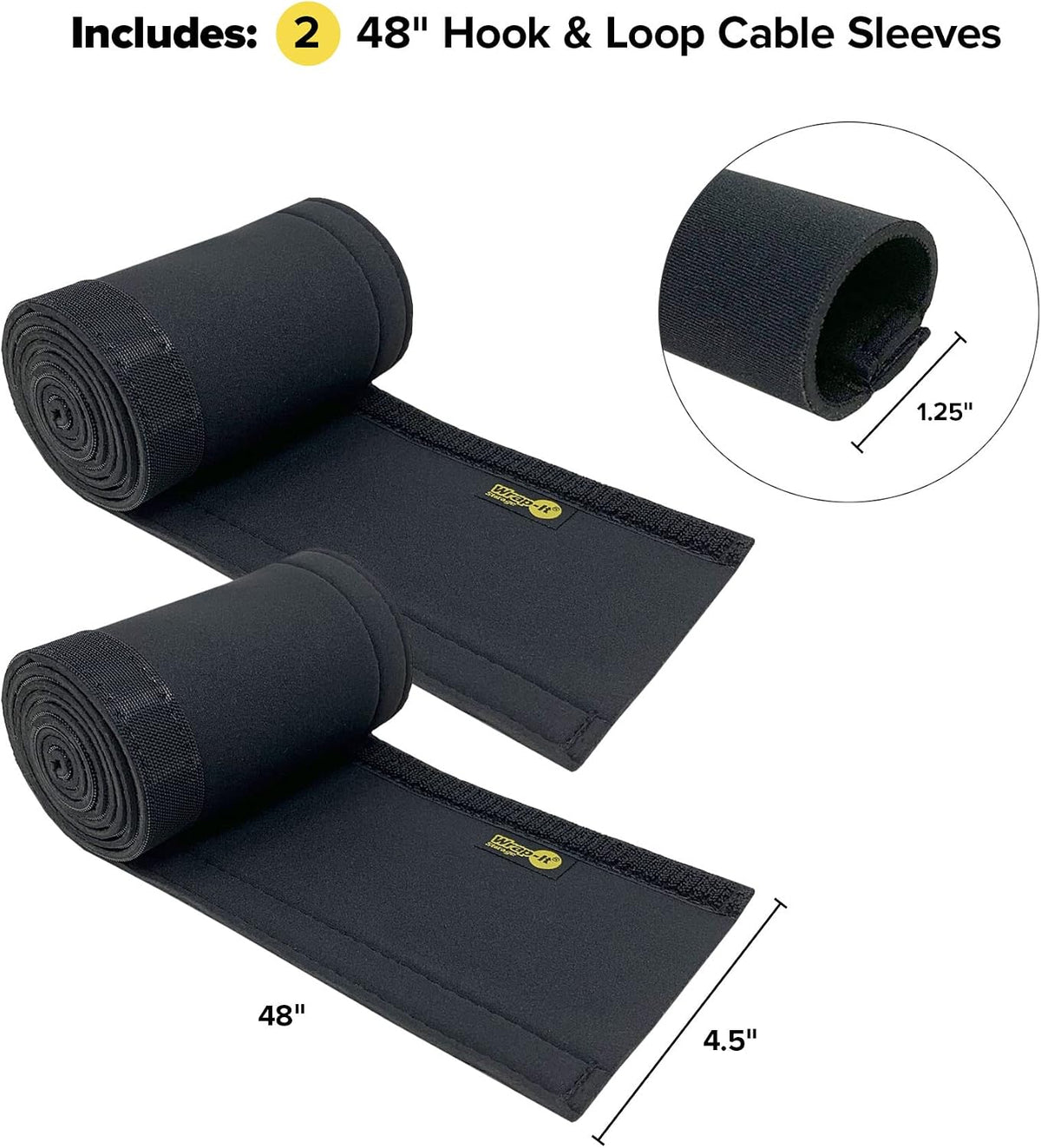 Hook and Loop Cable Sleeve by Wrap-It Storage - 48" x 4.5" (2-Pack) Black