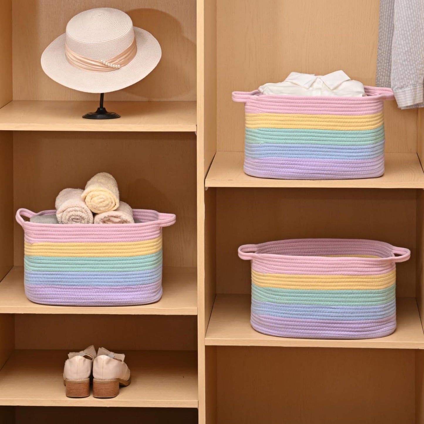 DUHEL Cotton Rope Woven Storage Basket (Rainbow-3Pcs) | Used for Baby Hamper Toy Organizer, Gift Baskets Empty,Kids,Baby,nursery. Size 15x10x8.7 Inches
