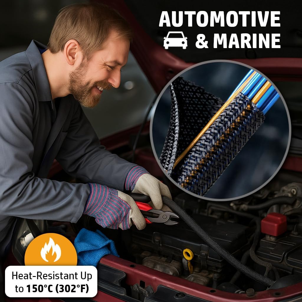 MGI SpeedWare Braided Split-Sleeve Wire Loom for High-Temperature Automotive Harness and Home Cable Management 25 feet (1/4")