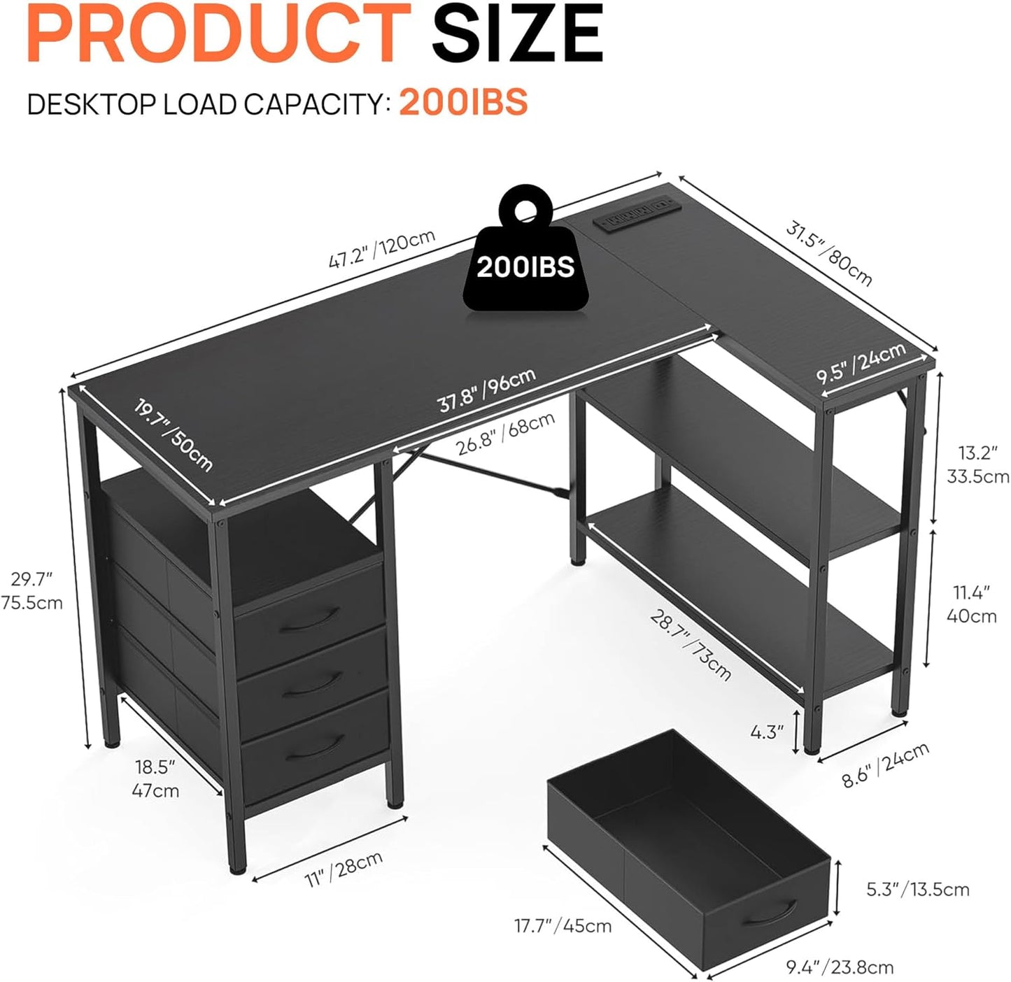 Alpen L Shaped Computer Desk, 47 Inch Corner Desk with Drawers and Power Outlets, Home Office Desk for Gaming, Study Writing PC Table with Storage and Reversible Shelf, Black