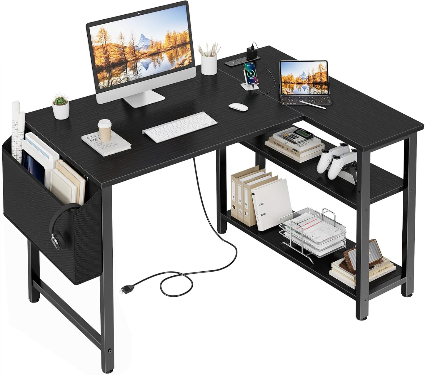 Lufeiya Small L Shaped Desk with Power Outlet Shelves, 40 Inch Corner Computer Desk for Small Space Home Office, L-Shaped Gaming Desk PC Desks with Charging Station, Black